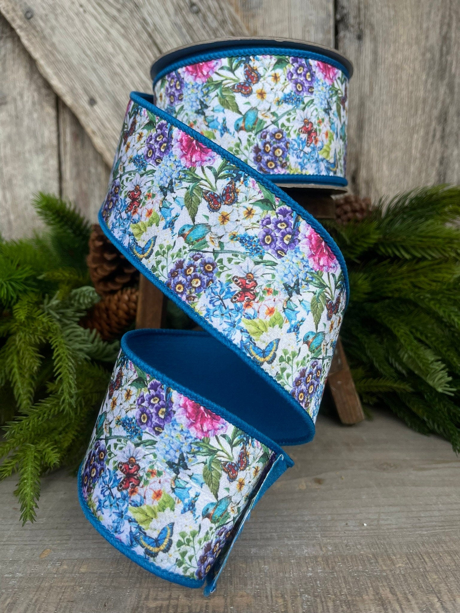 2.5" Blue Floral Garden Ribbon, Farrisilk Ribbon