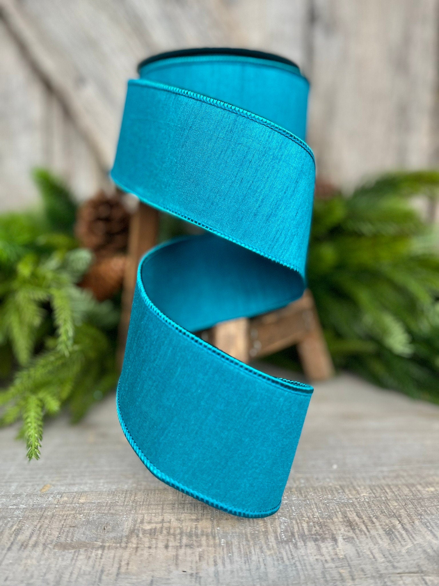 2.5” Turquoise Dupion Ribbon, Farrisilk ribbon, wired ribbon