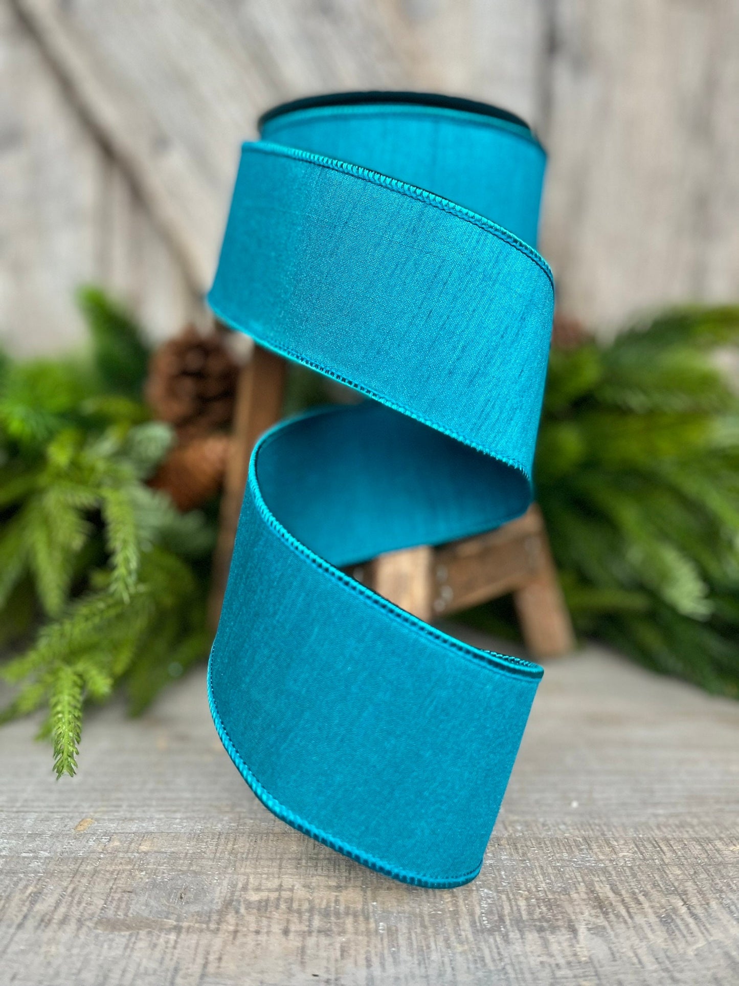 2.5” Turquoise Dupion Ribbon, Farrisilk ribbon, wired ribbon