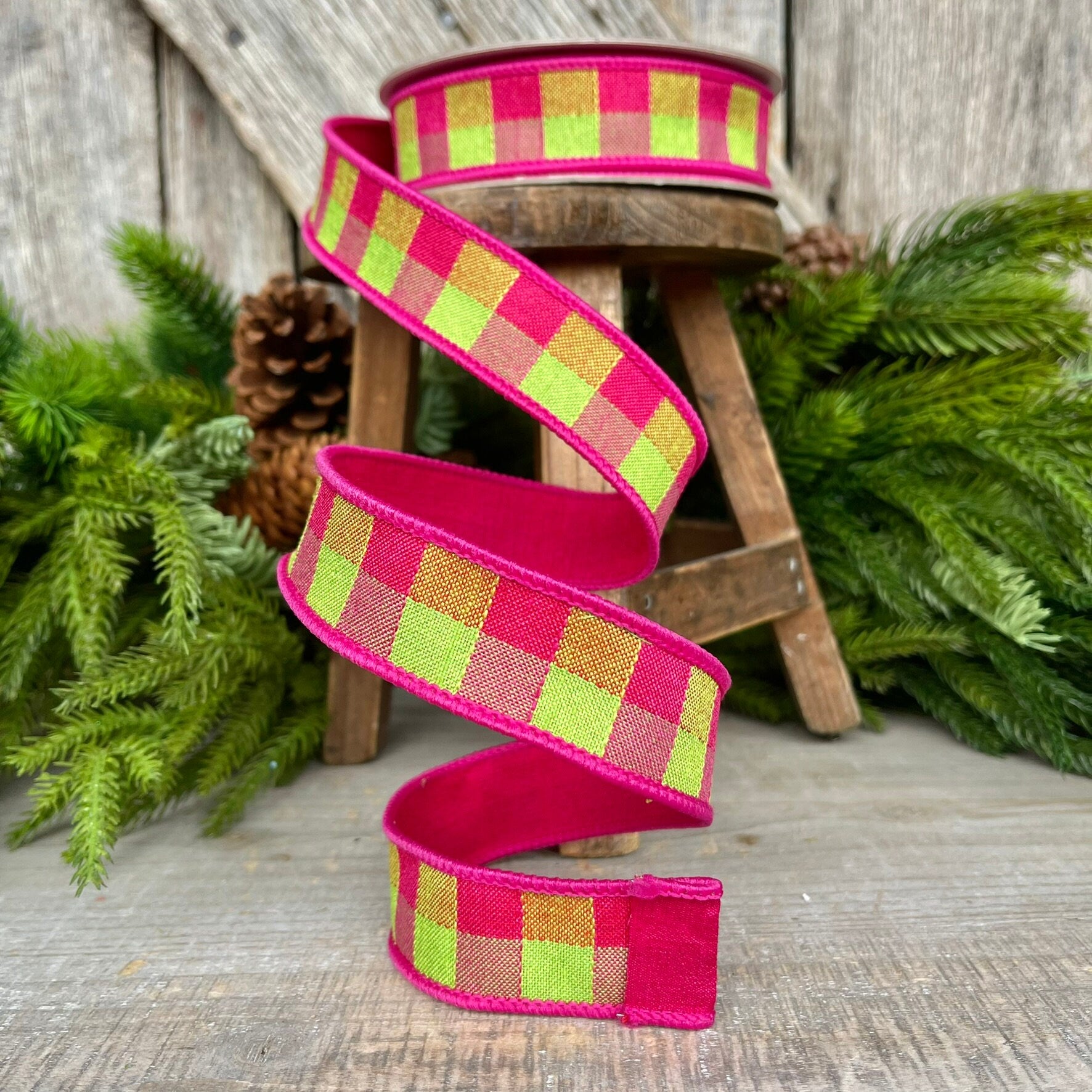 1" Hot Pink Lime Plaid Stitchery Ribbon, Farrisilk Ribbon, Spring Ribbon