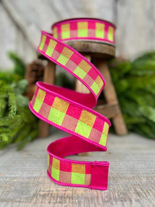 1" Hot Pink Lime Plaid Stitchery Ribbon, Farrisilk Ribbon