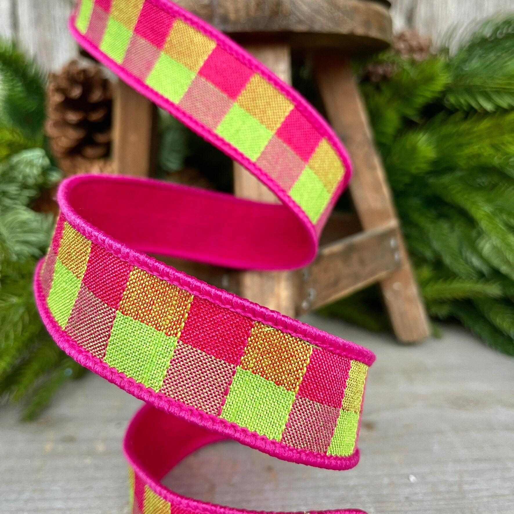 1" Hot Pink Lime Plaid Stitchery Ribbon, Farrisilk Ribbon, Spring Ribbon