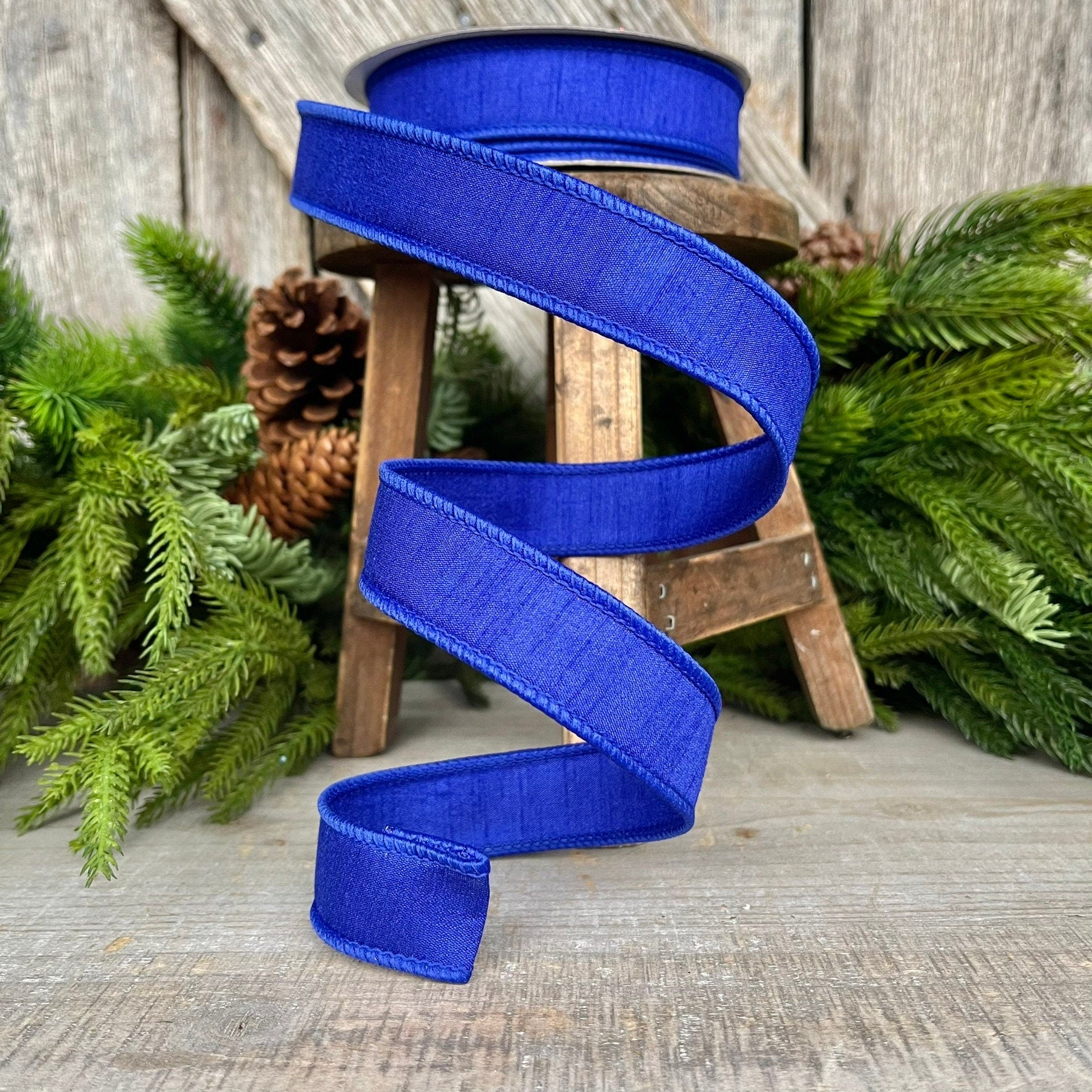 1” Royal Blue Dupion Ribbon, Farrisilk ribbon, wired ribbon