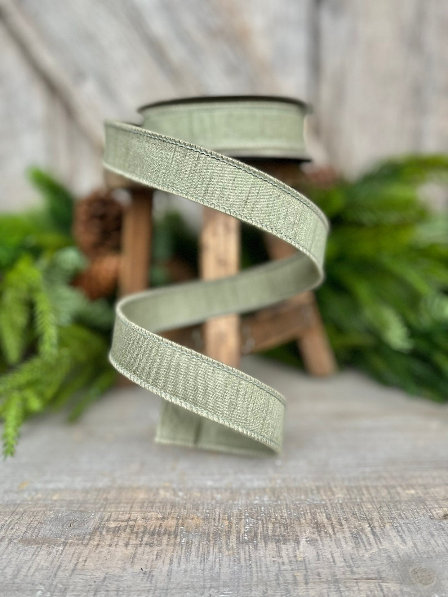 1" Sage Green Dupion Ribbon, Farrisilk Ribbon, Wired Ribbon