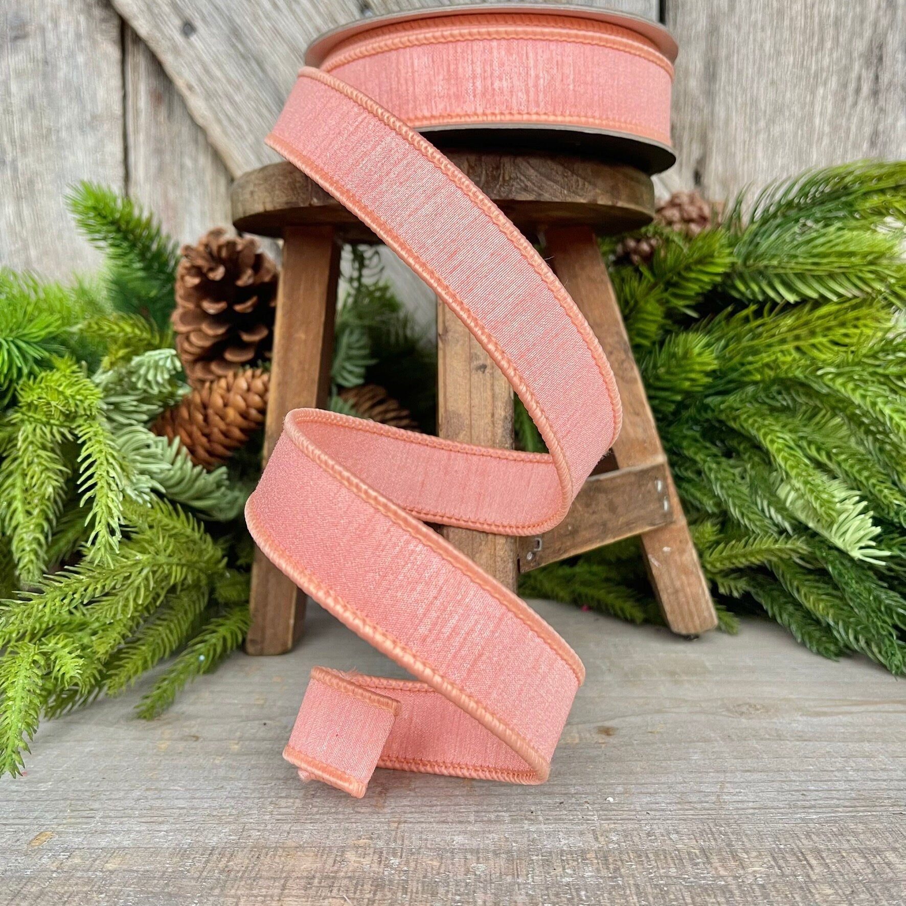 1” Coral Peach Dupion Ribbon, Farrisilk ribbon, wired ribbon