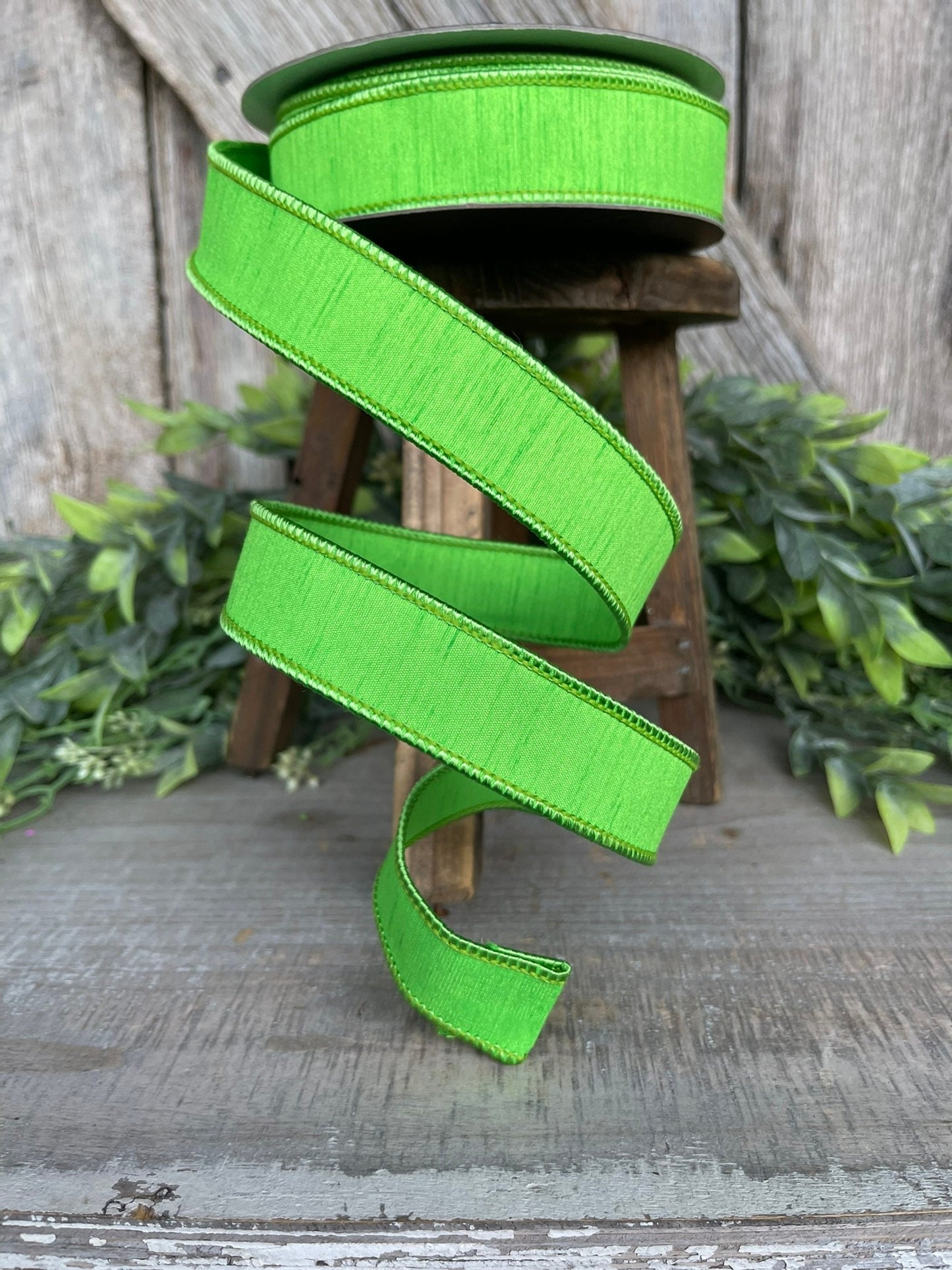 1" Green Dupion Ribbon, Farrisilk Ribbon, Wired Ribbon