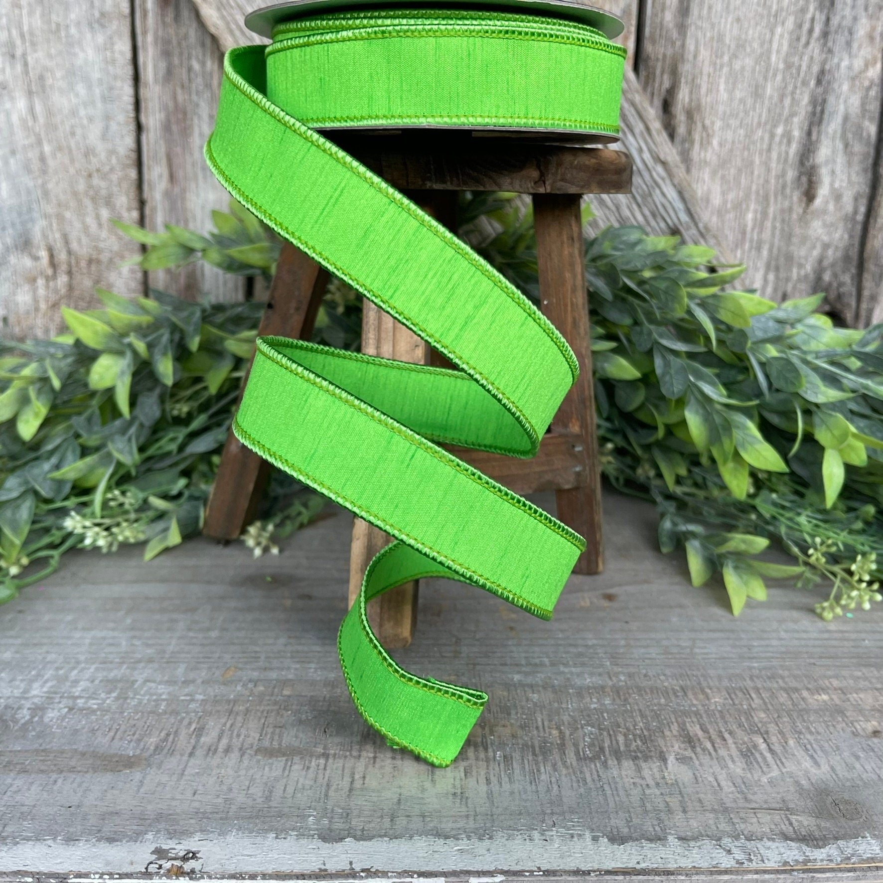 1" Green Dupion Ribbon, Farrisilk Ribbon, Wired Ribbon