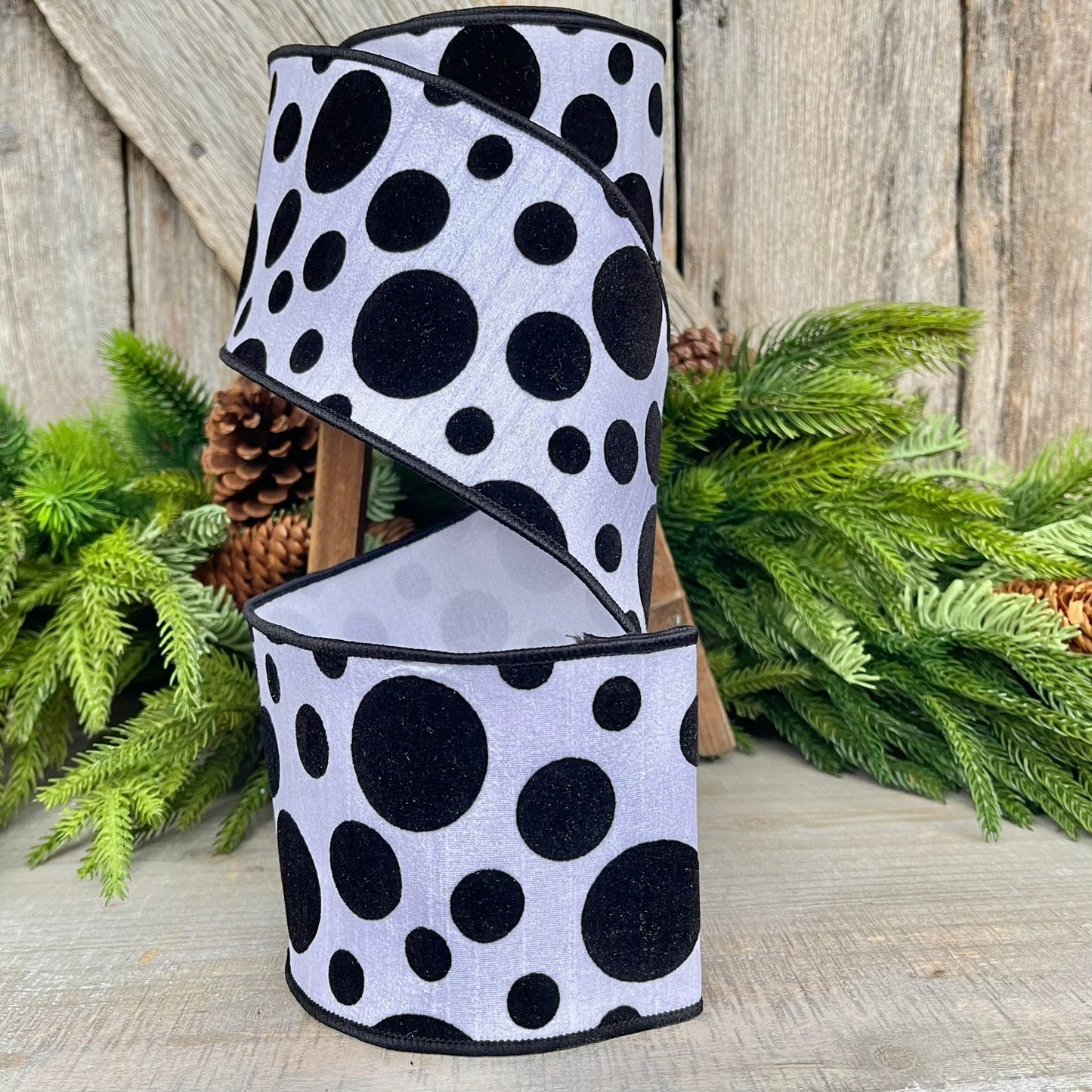 4" Black White Retro Dot, Farrisilk Ribbon, Flocked Ribbon