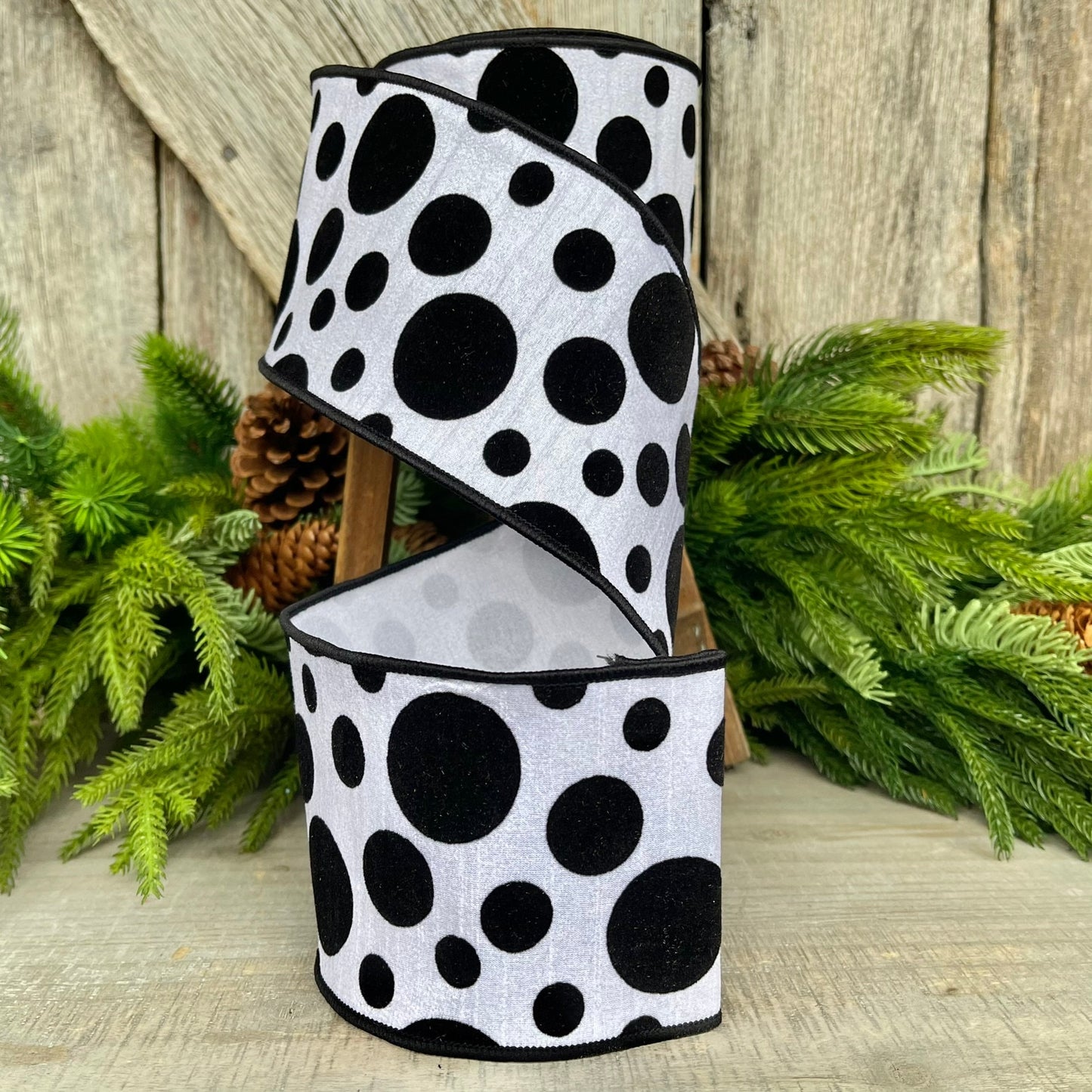 4" Black White Retro Dot, Farrisilk Ribbon, Flocked Ribbon