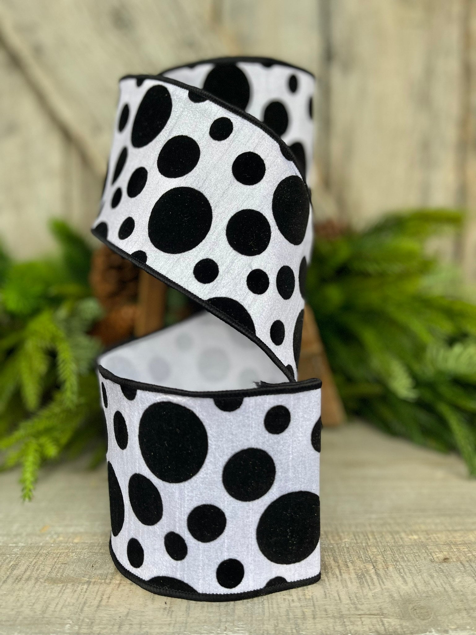 4" Black White Retro Dot, Farrisilk Ribbon, Flocked Ribbon