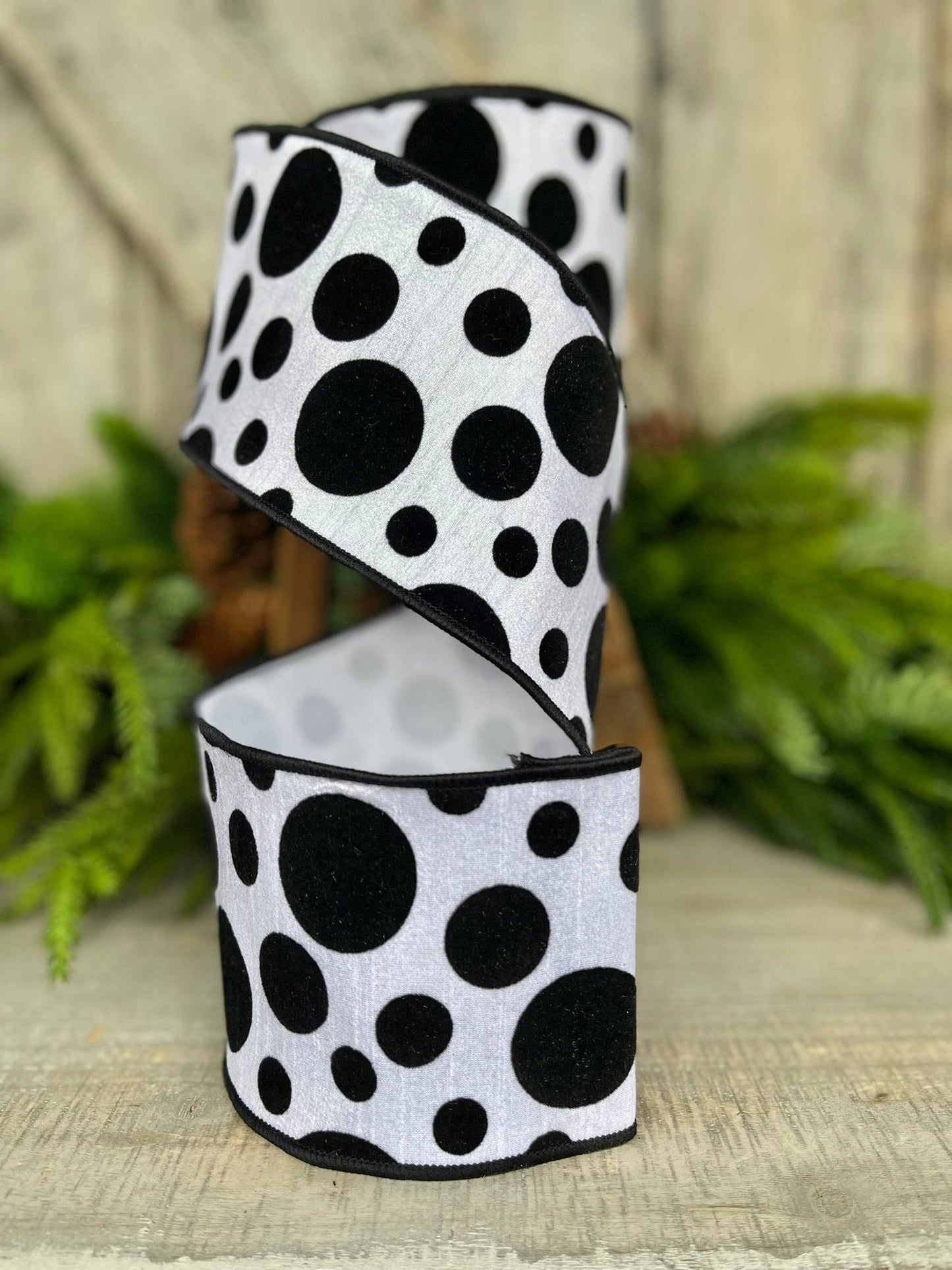 4" Black White Retro Dot, Farrisilk Ribbon, Flocked Ribbon