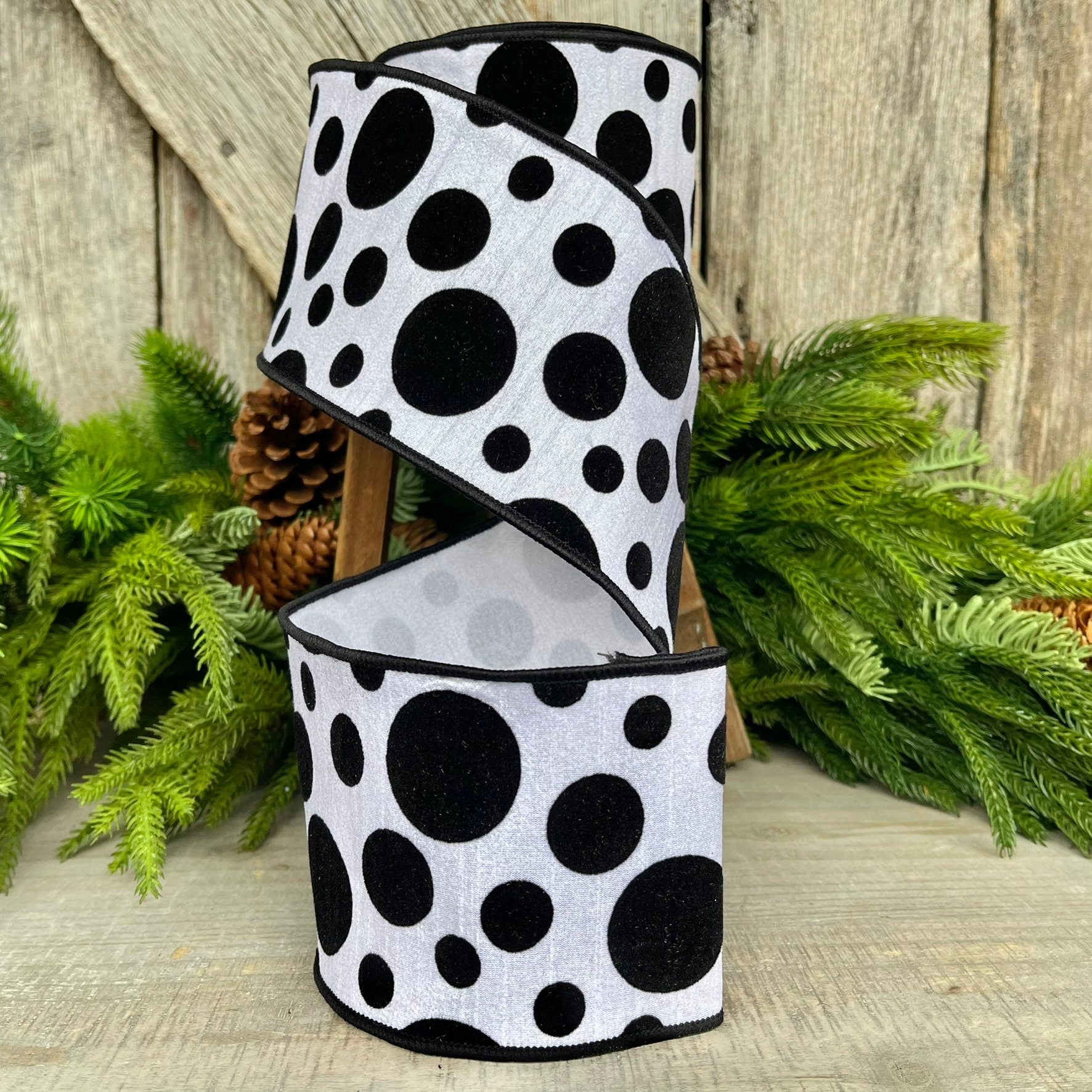 4" Black White Retro Dot, Farrisilk Ribbon, Flocked Ribbon