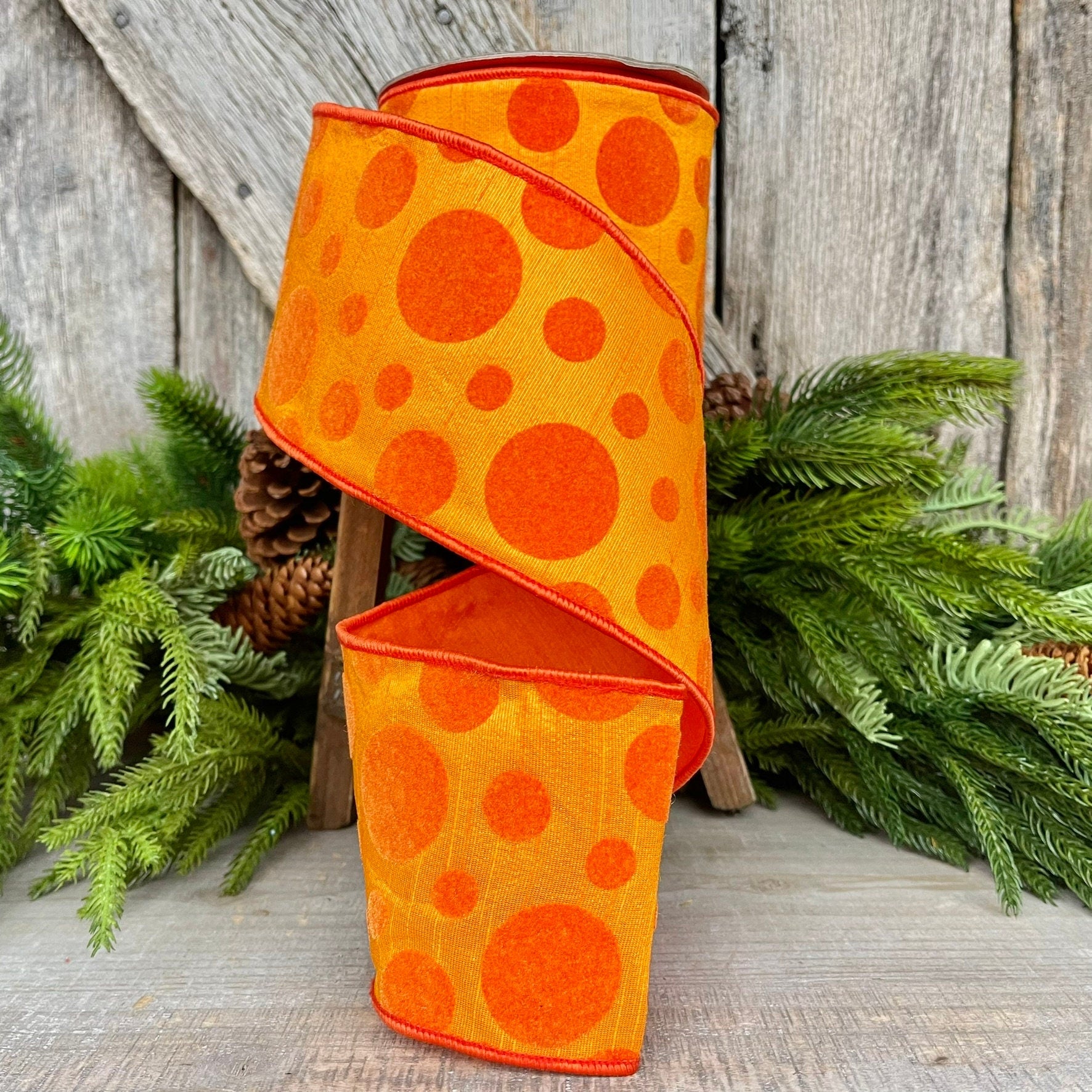 4" Orange Retro Dot, Farrisilk Ribbon, Flocked Ribbon