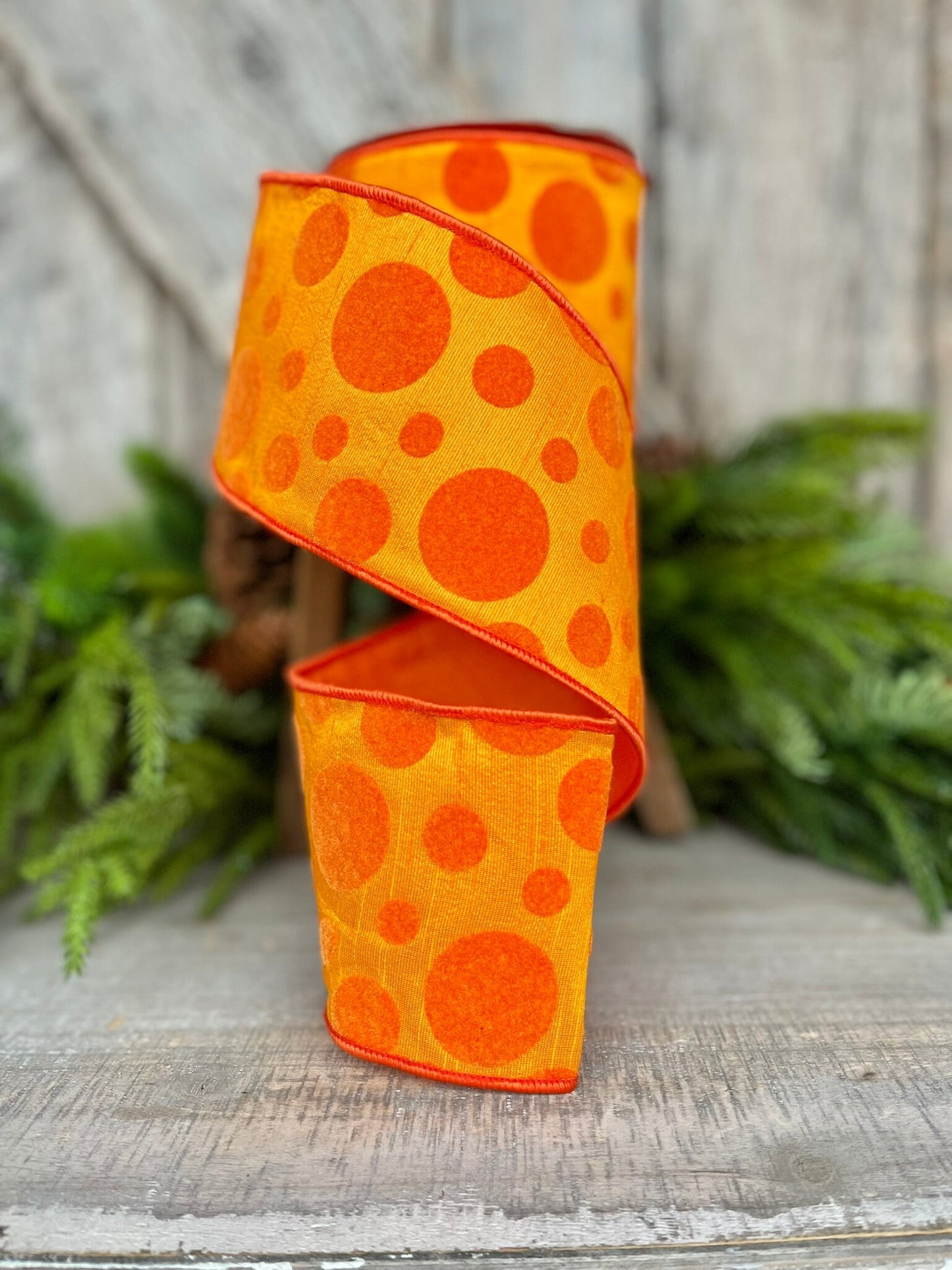 4" Orange Retro Dot, Farrisilk Ribbon, Flocked Ribbon