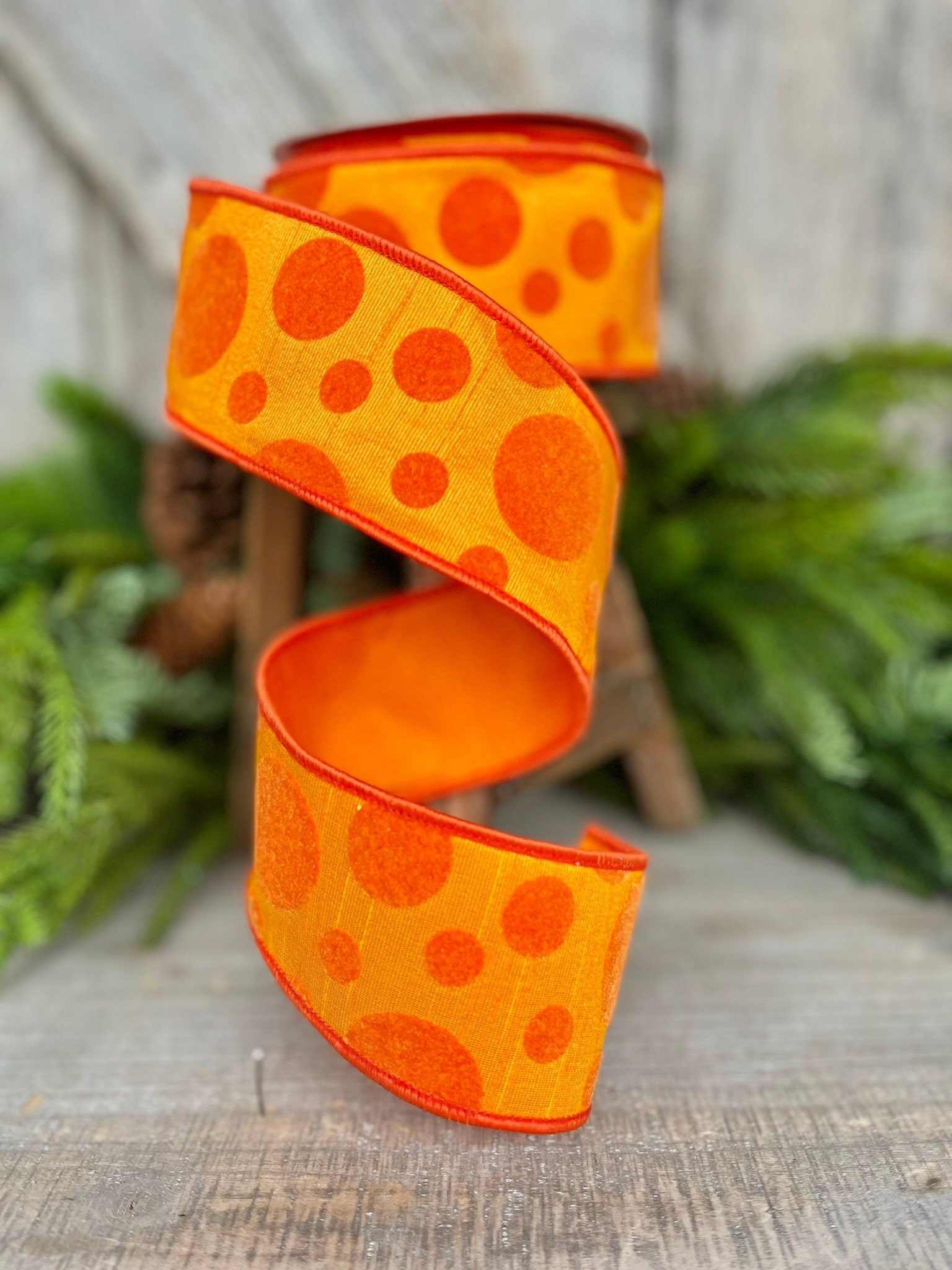 2.5" Orange Retro Dot, Farrisilk Ribbon, Flocked Ribbon