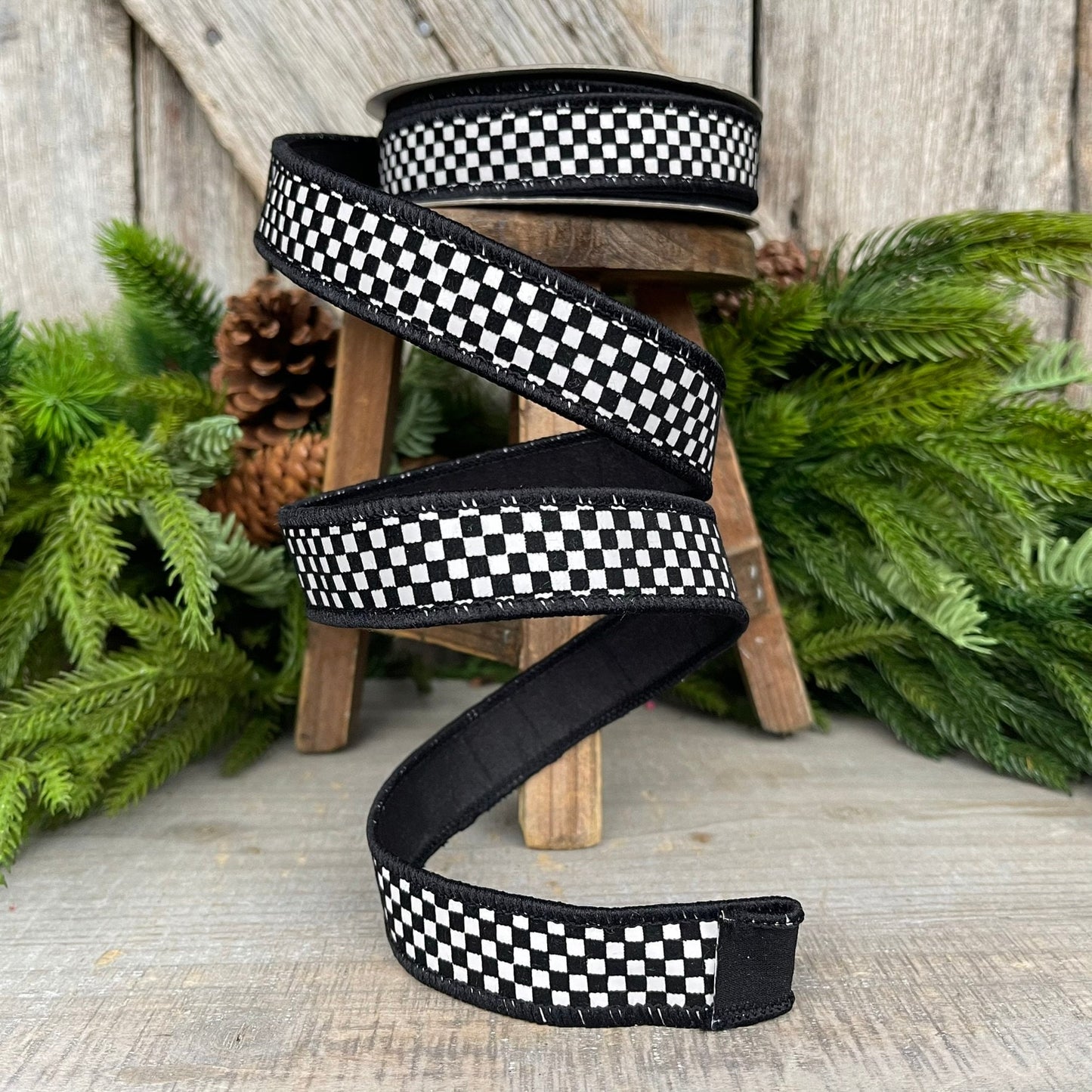 1" Black White Mini Checkered Ribbon, Farrisilk Ribbon