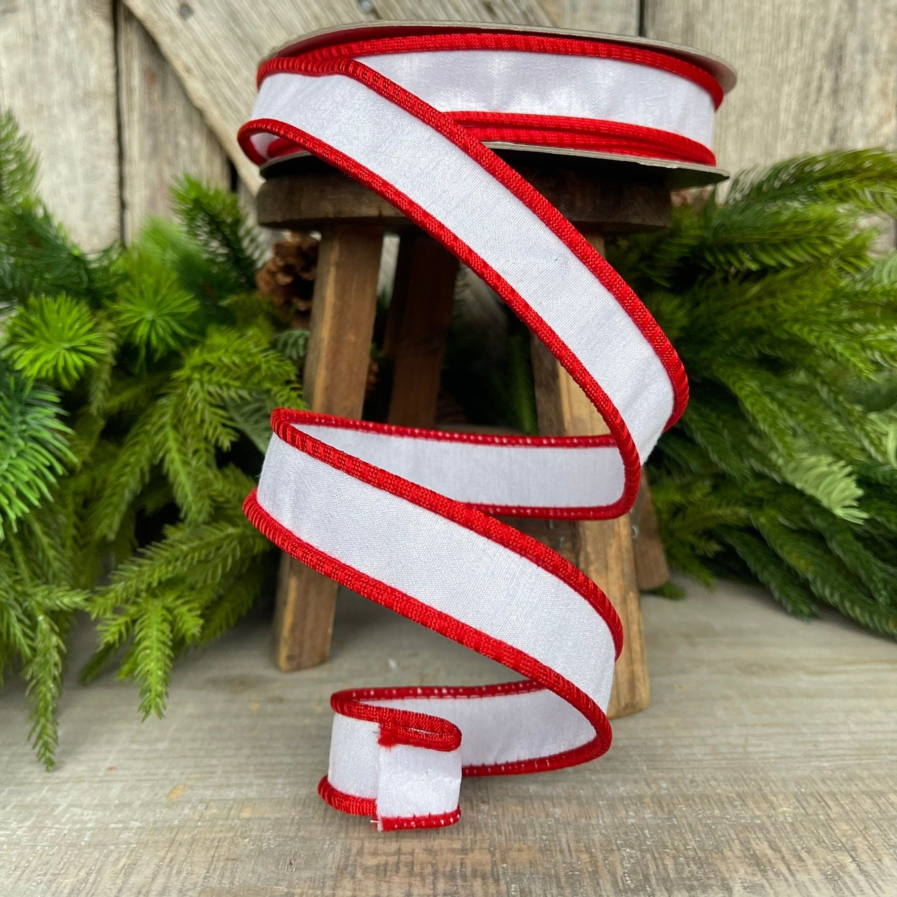 1" Red White Corded Ribbon, Farrisilk Ribbon, Christmas Ribbon