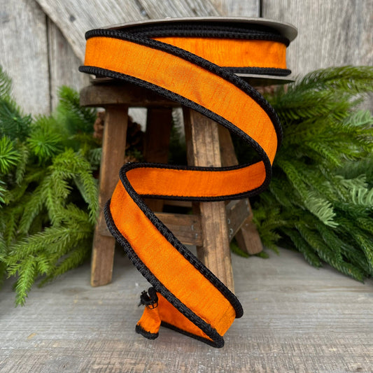 1" Black Orange Corded Ribbon, Farrisilk Ribbon, Wired Ribbon