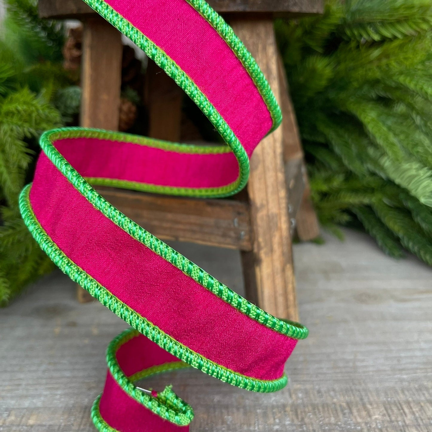 1" Hot Pink Lime Green Cord Ribbon, Farrisilk Ribbon, Hot Pink Ribbon