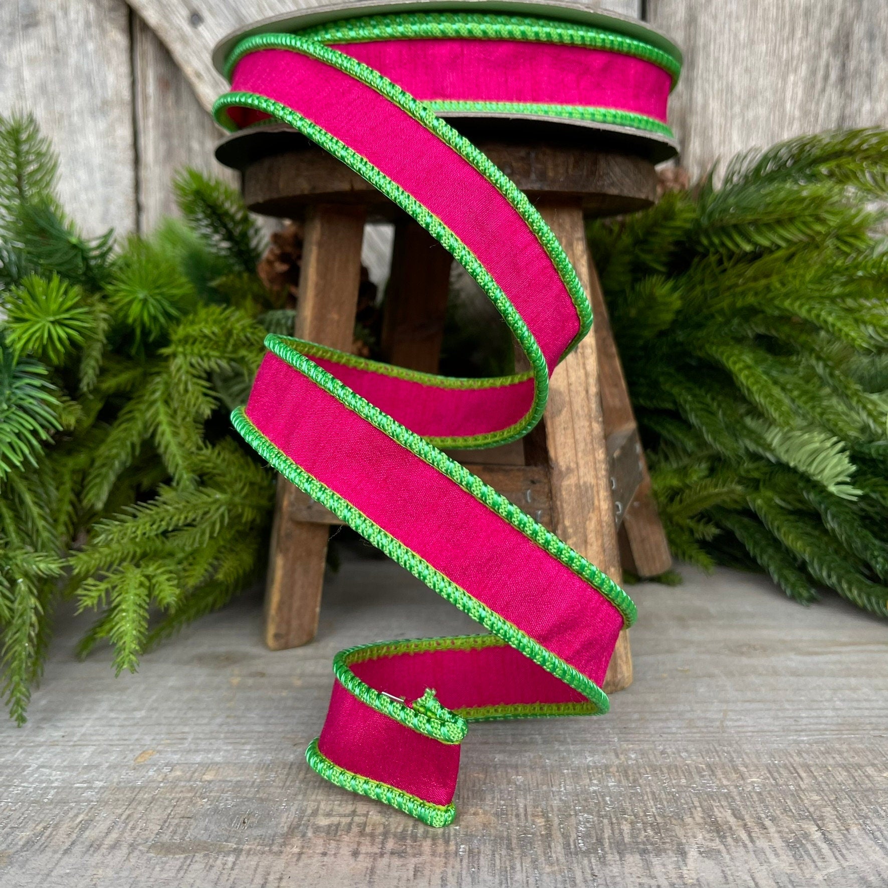 1" Hot Pink Lime Green Cord Ribbon, Farrisilk Ribbon, Hot Pink Ribbon