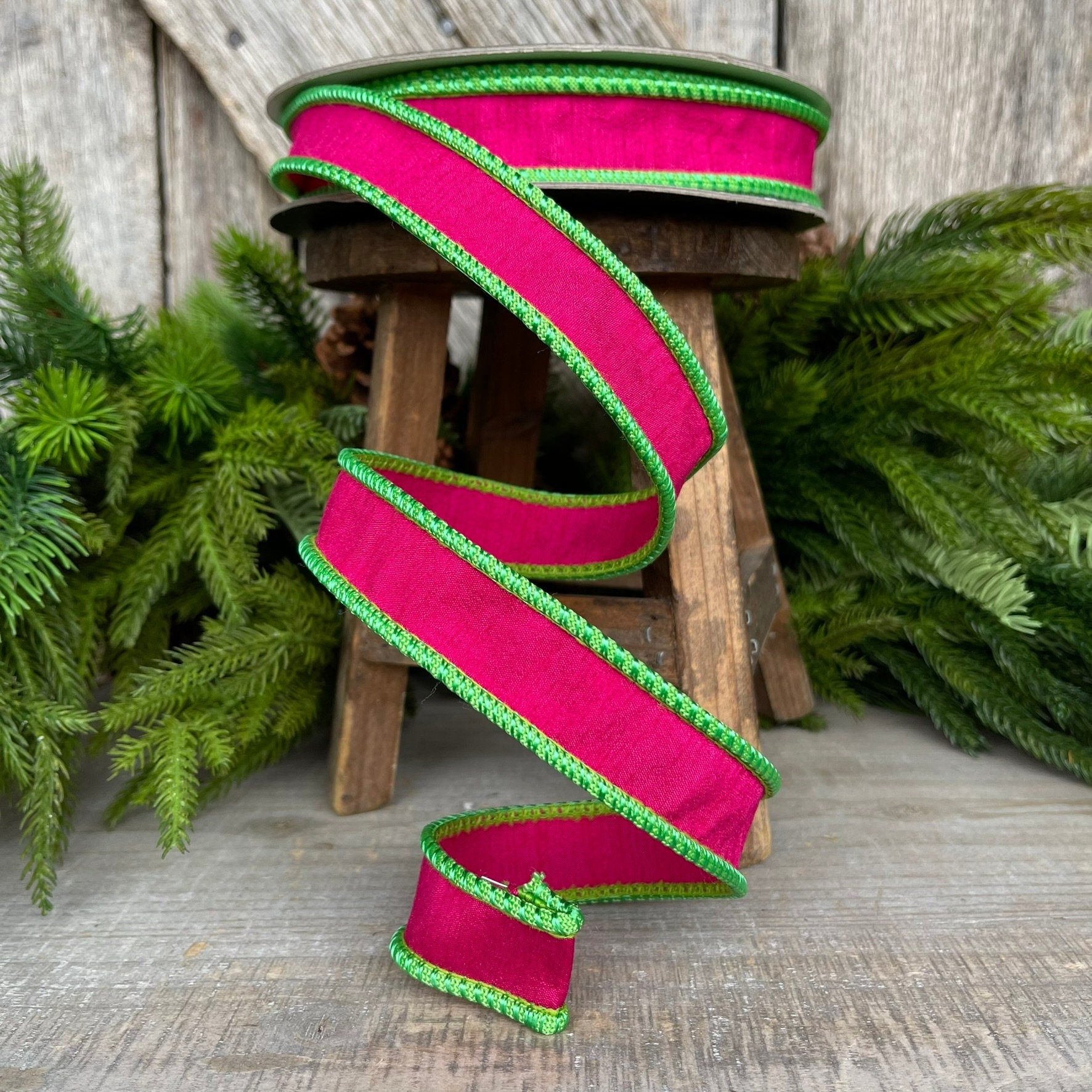 1" Hot Pink Lime Green Cord Ribbon, Farrisilk Ribbon, Hot Pink Ribbon