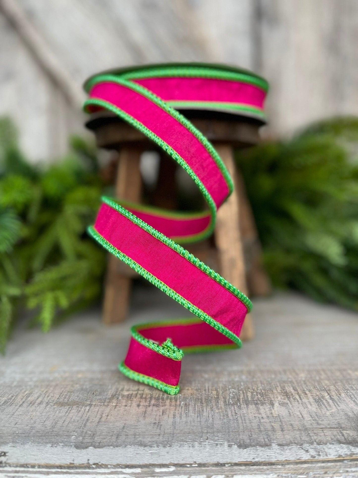 1" Hot Pink Lime Green Cord Ribbon, Farrisilk Ribbon, Hot Pink Ribbon