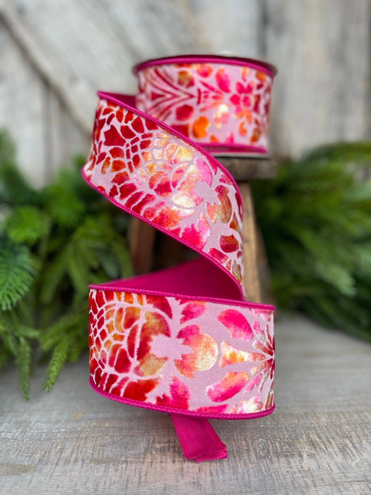 2.5" Pink Orange Velvet Ribbon,Farrisilk Ribbon,Far Out Floral Ribbon, Groovy Ribbon, Spring Ribbon