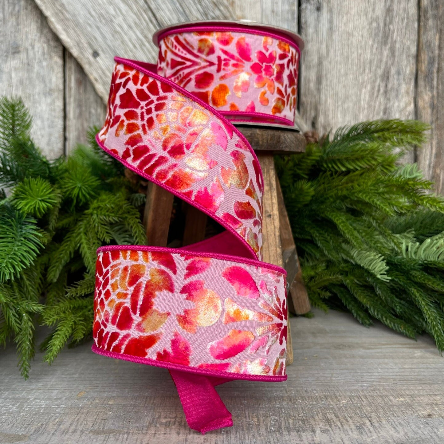 2.5" Pink Orange Velvet Ribbon,Farrisilk Ribbon,Far Out Floral Ribbon, Groovy Ribbon, Spring Ribbon