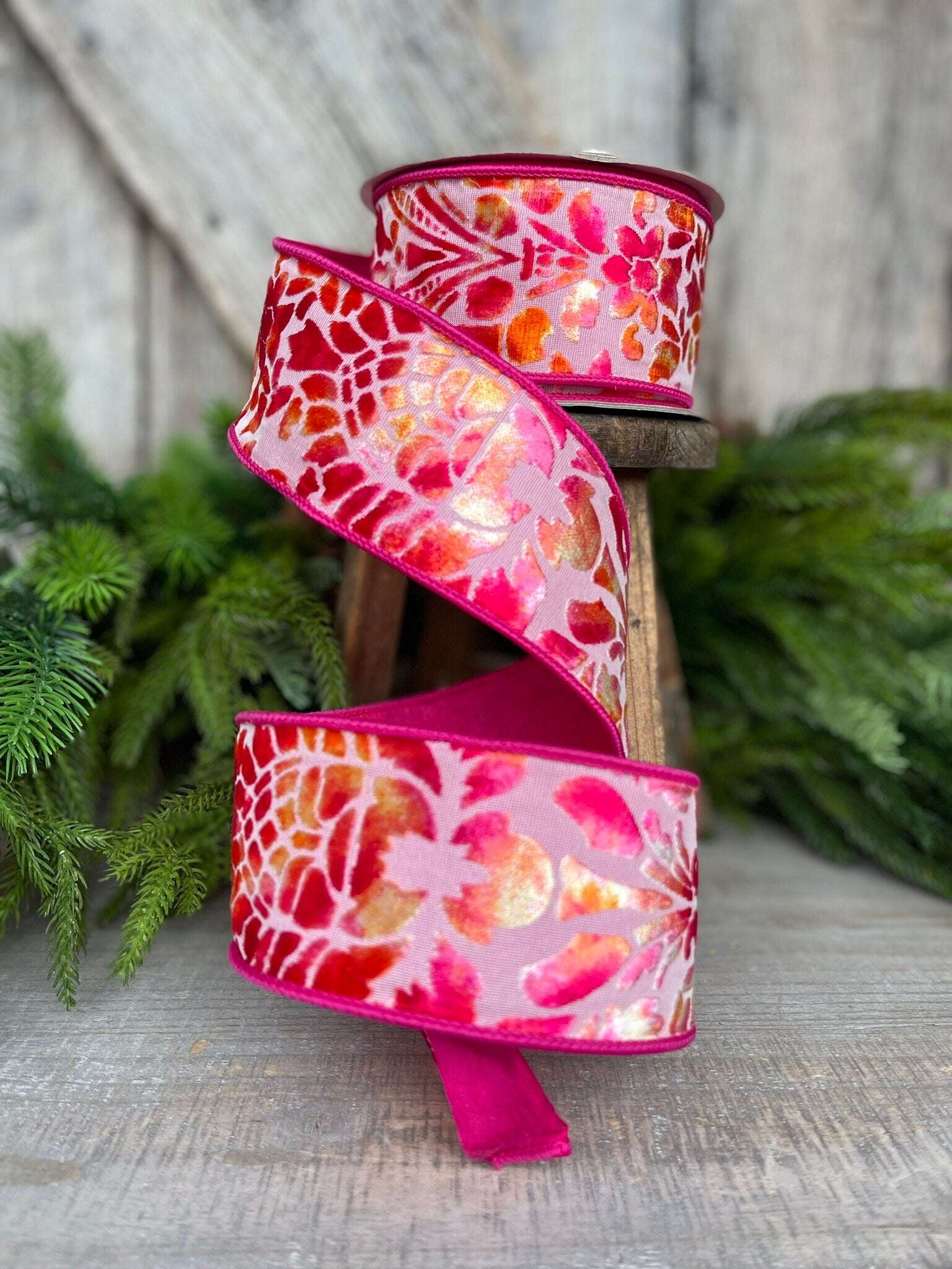 2.5" Pink Orange Velvet Ribbon,Farrisilk Ribbon,Far Out Floral Ribbon, Groovy Ribbon