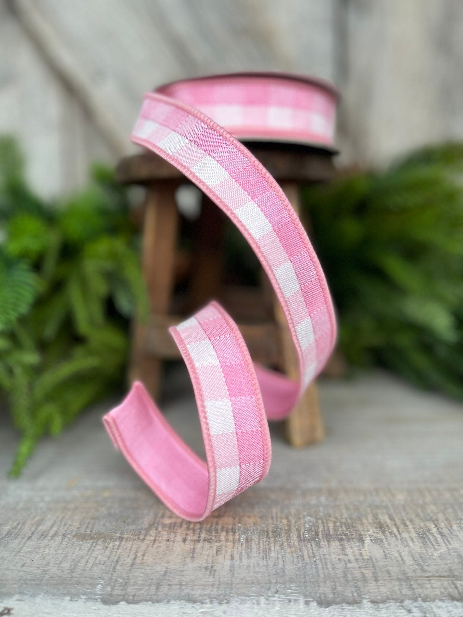 1" Pink Checks Stitchery Ribbon, Farrisilk Ribbon, Spring Ribbon