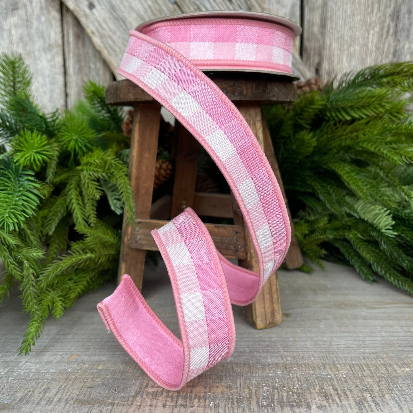 1" Pink Checks Stitchery Ribbon, Farrisilk Ribbon, Spring Ribbon