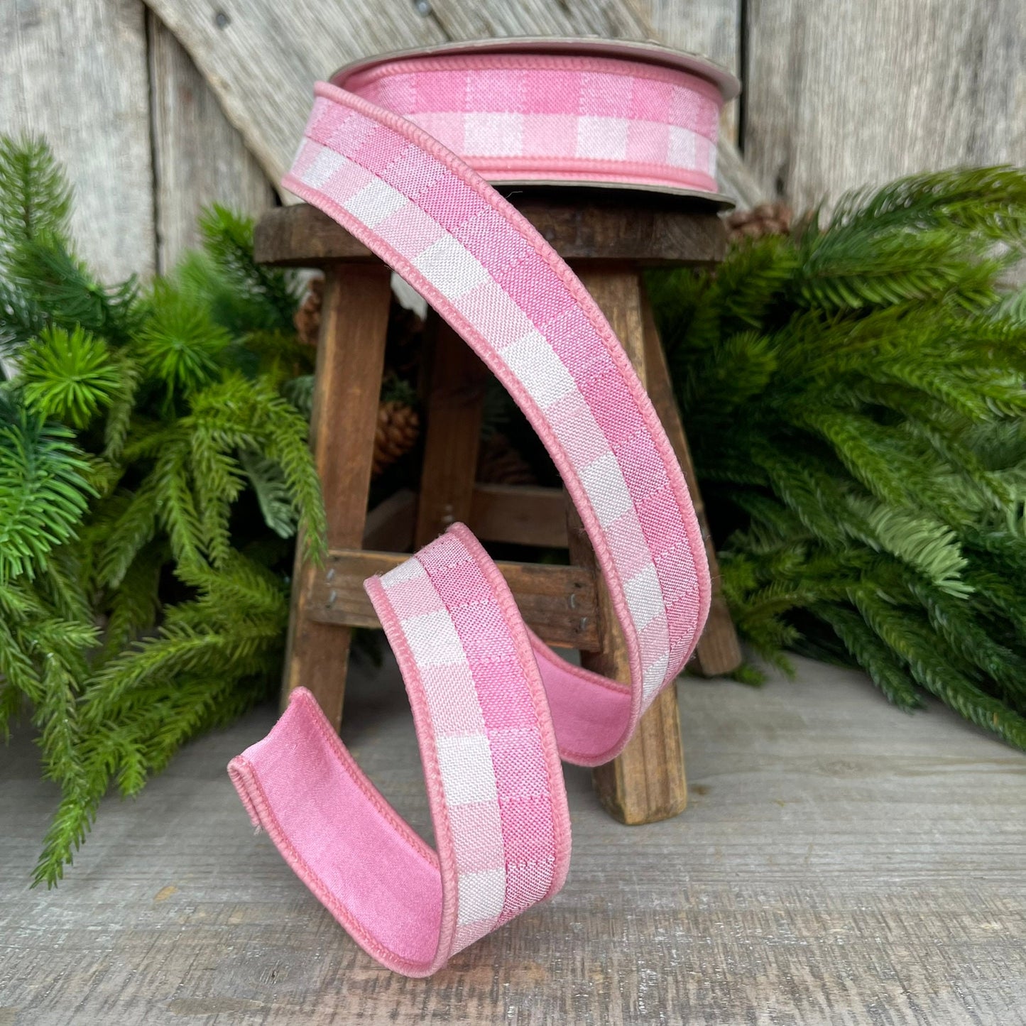 1" Pink Checks Stitchery Ribbon, Farrisilk Ribbon, Spring Ribbon