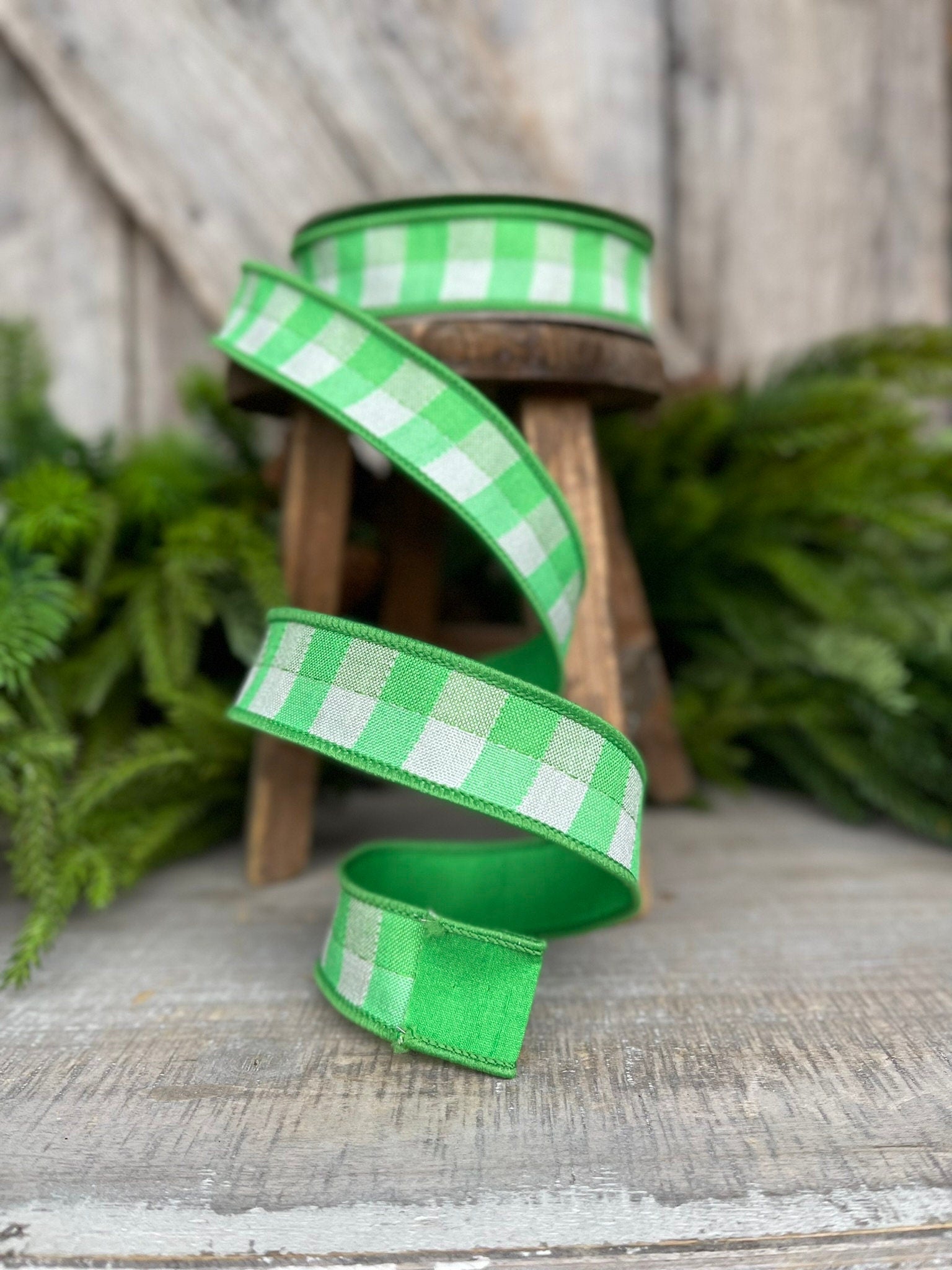 1" Green Plaid Stitchery Ribbon, Farrisilk Ribbon, Spring Ribbon