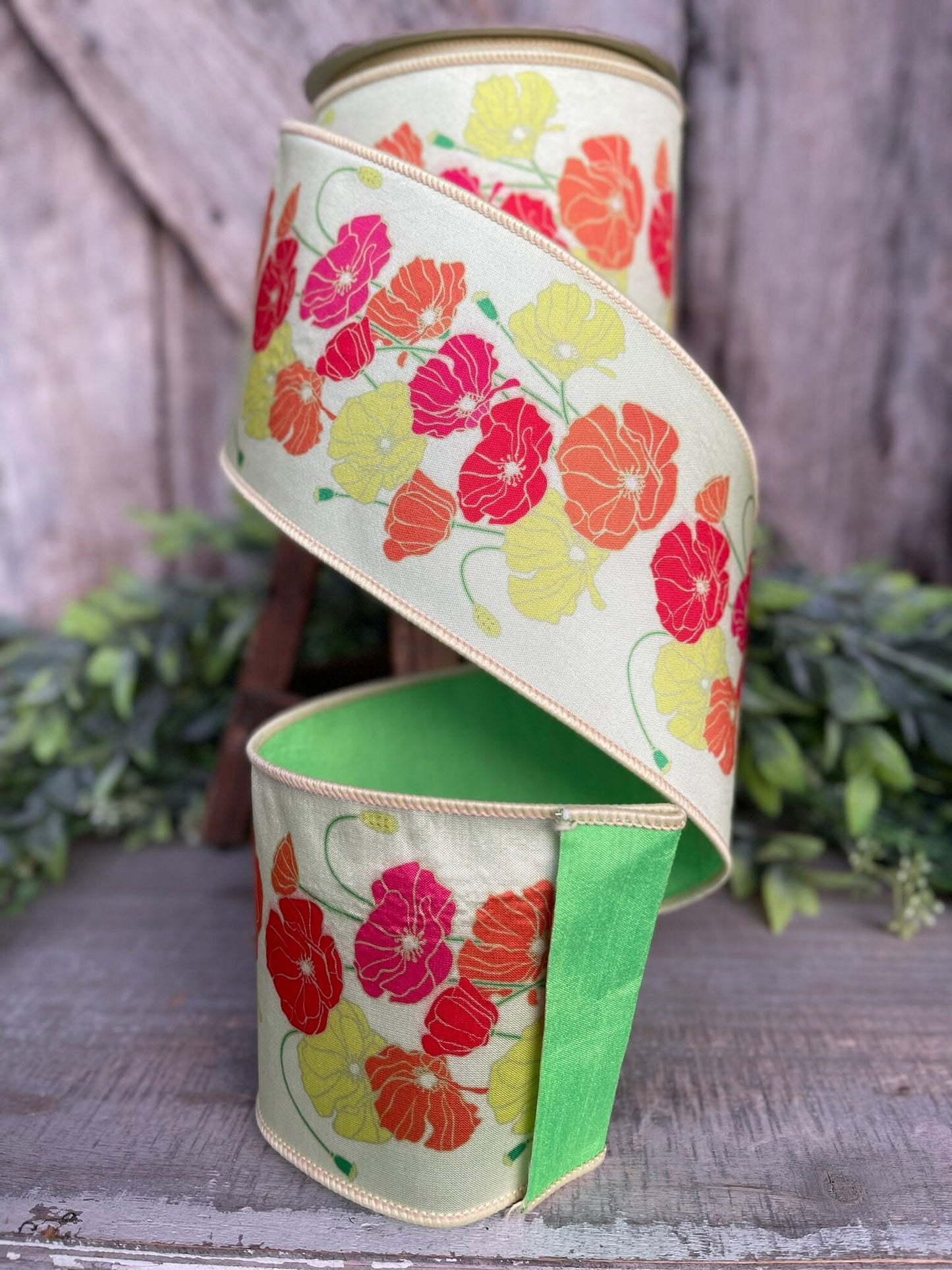 4" Mod Poppies Ribbon, Farrisilk Ribbon, Spring Ribbon