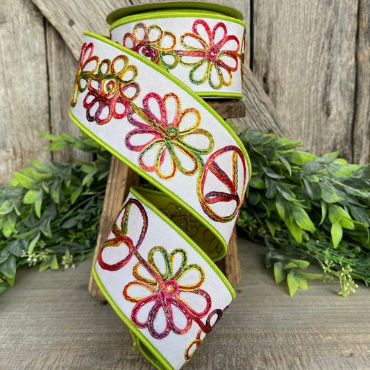 2.5" Whimsy Hippy Ribbon, Farrisilk Ribbon, Colorful Floral RIbbon