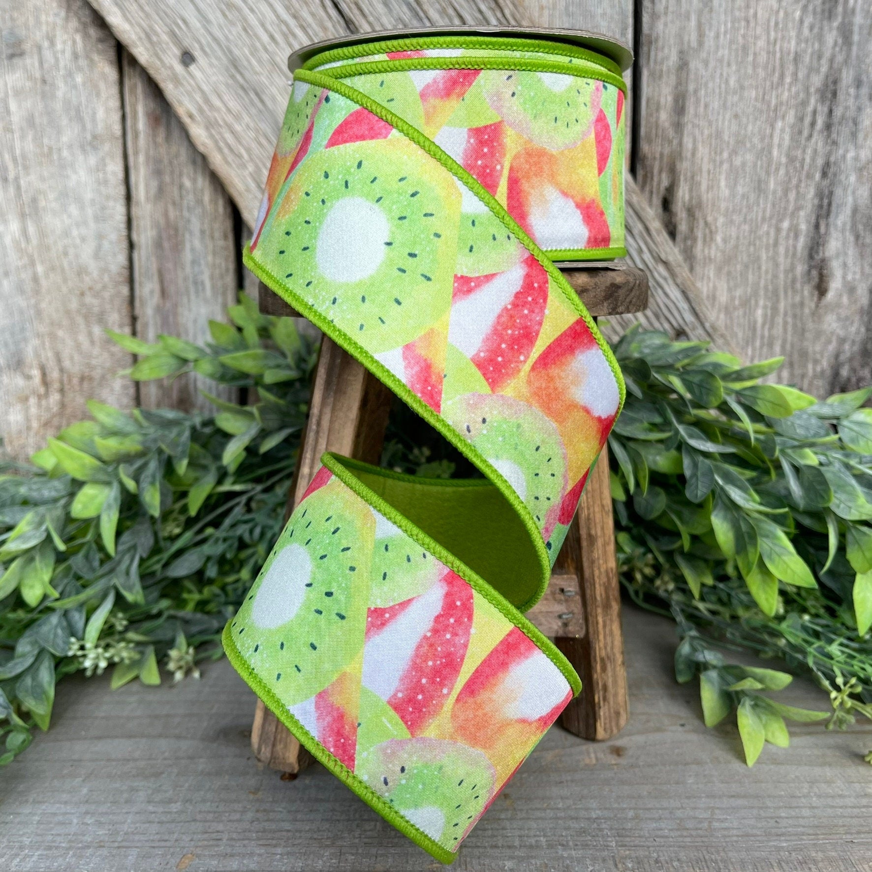 2.5" Strawberry Kiwi Ribbon, Farrisilk Ribbon, Spring Summer Ribbon