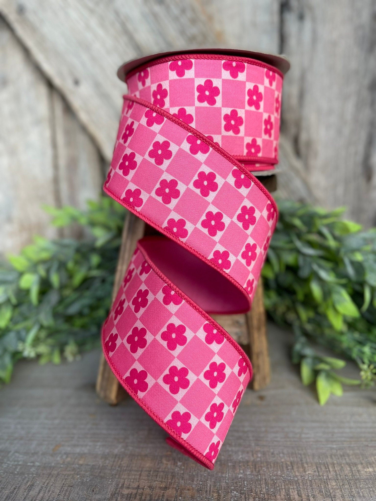 2.5" Pink Retro Daisy Checks Ribbon, Farrisilk Ribbon, Spring Ribbon