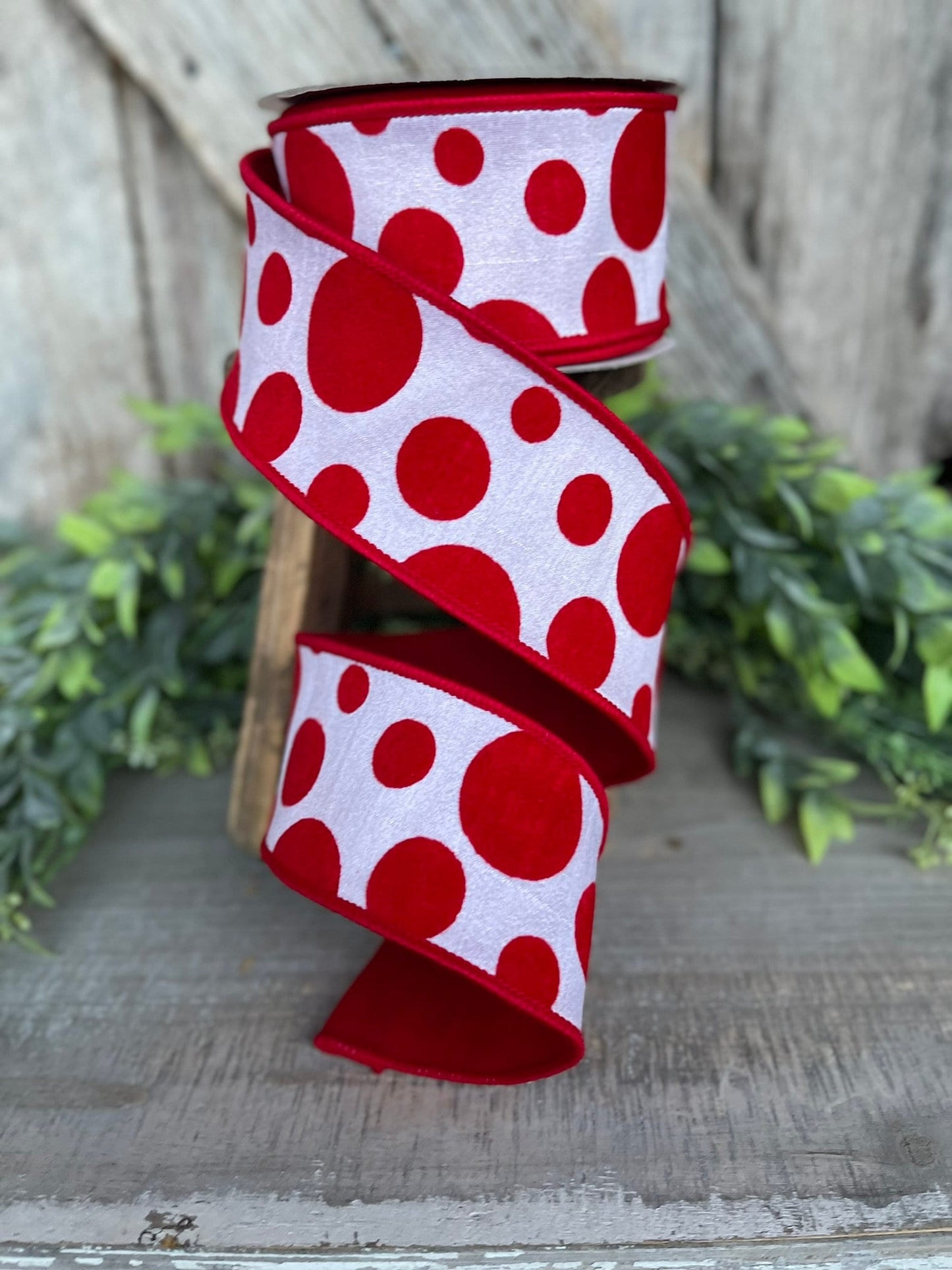 2.5" Red White Retro Dot, Farrisilk Ribbon, Flocked Ribbon