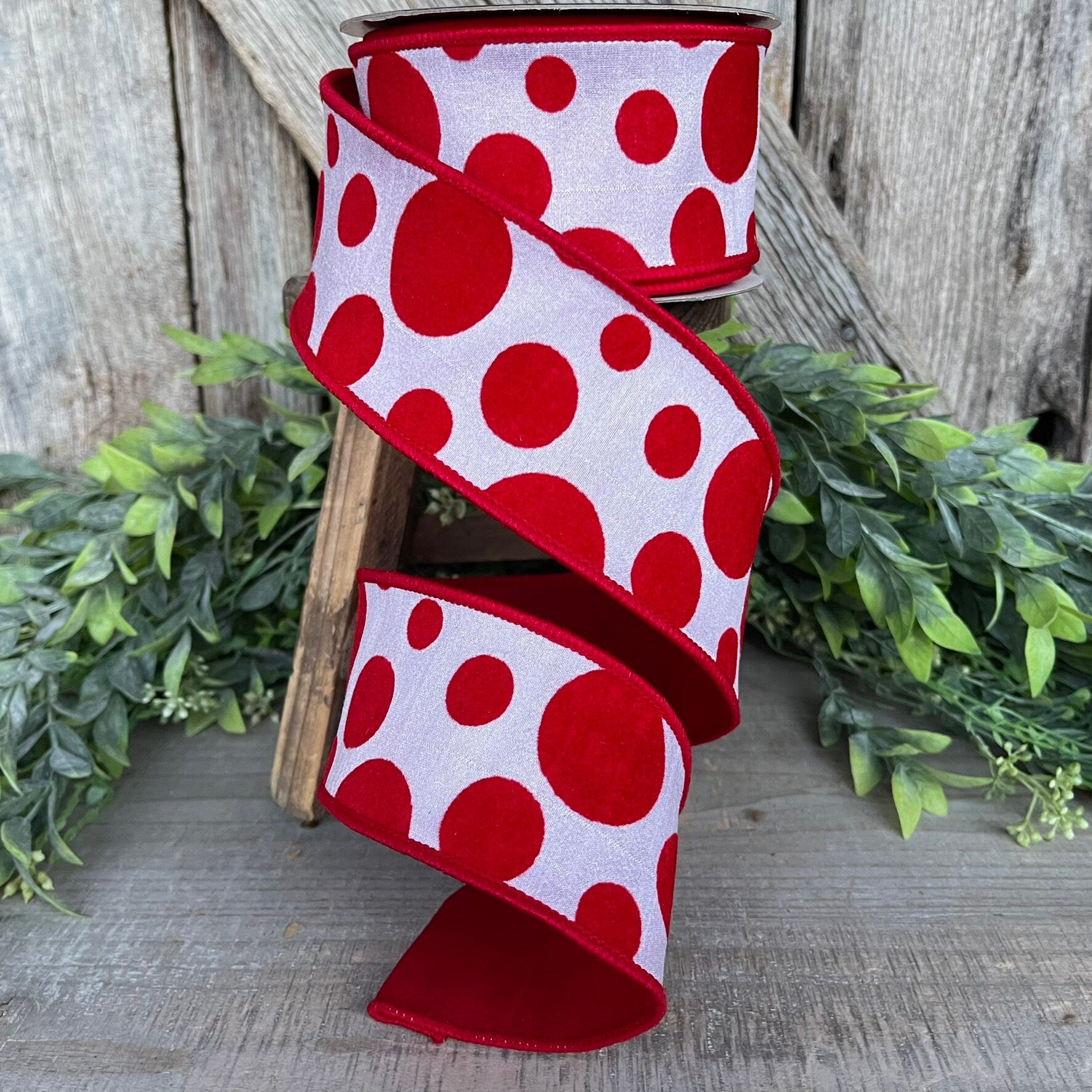 2.5" Red White Retro Dot, Farrisilk Ribbon, Flocked Ribbon