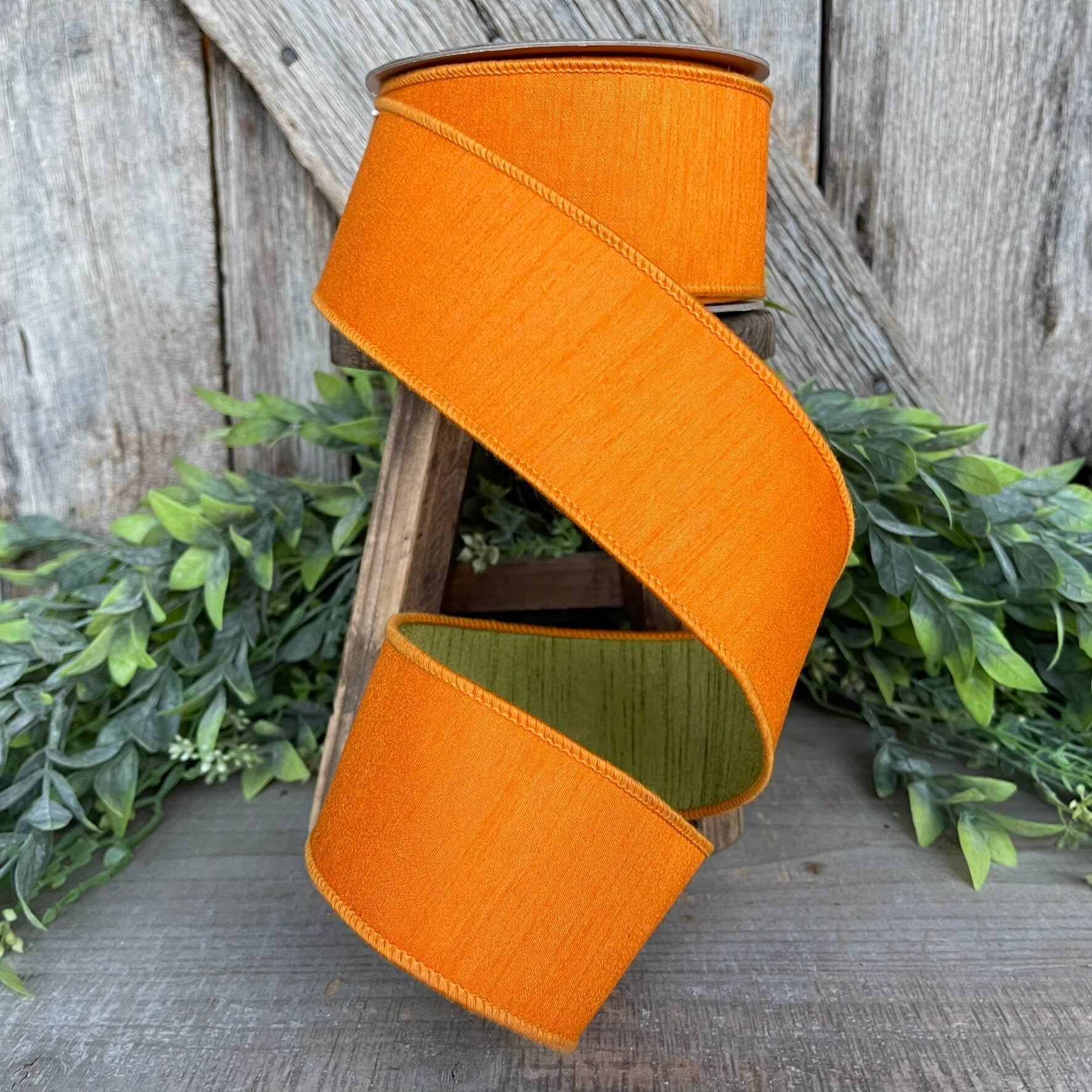 2.5” Orange Green Ribbon, Farrisilk ribbon, wired ribbon