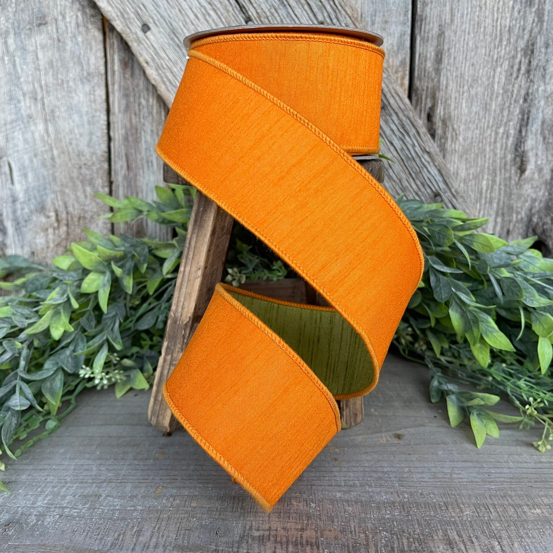 2.5” Orange Green Ribbon, Farrisilk ribbon, wired ribbon