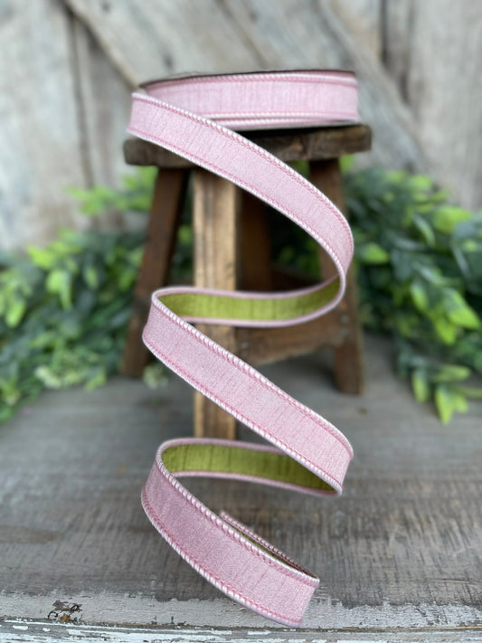 3/4" Rose Pink Spring Greenery Ribbon,Farrisilk Ribbon, Light Pink Green Ribbon