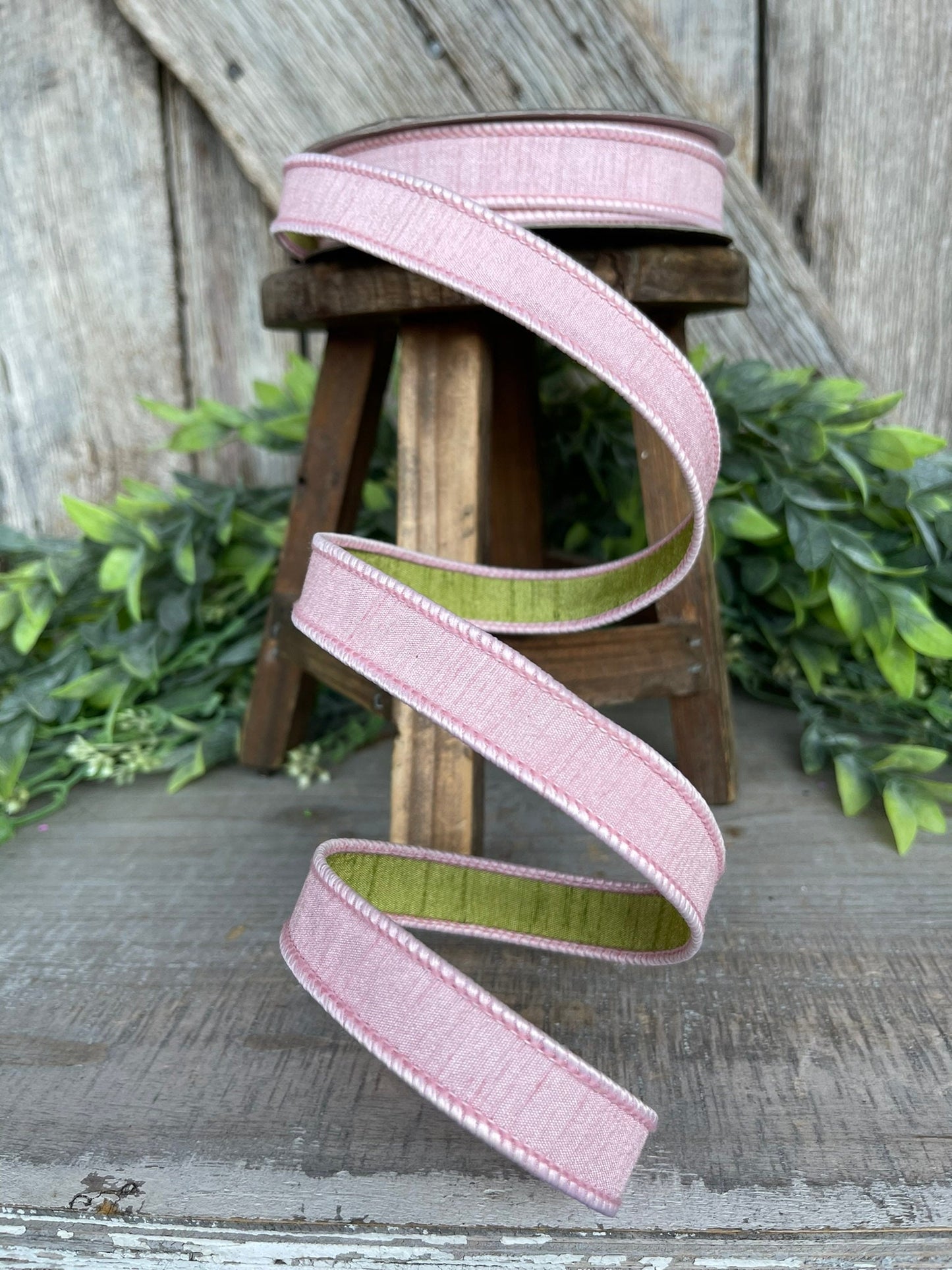 3/4" Rose Pink Spring Greenery Ribbon,Farrisilk Ribbon, Light Pink Green Ribbon, Spring Summer Ribbon Wired Ribbon