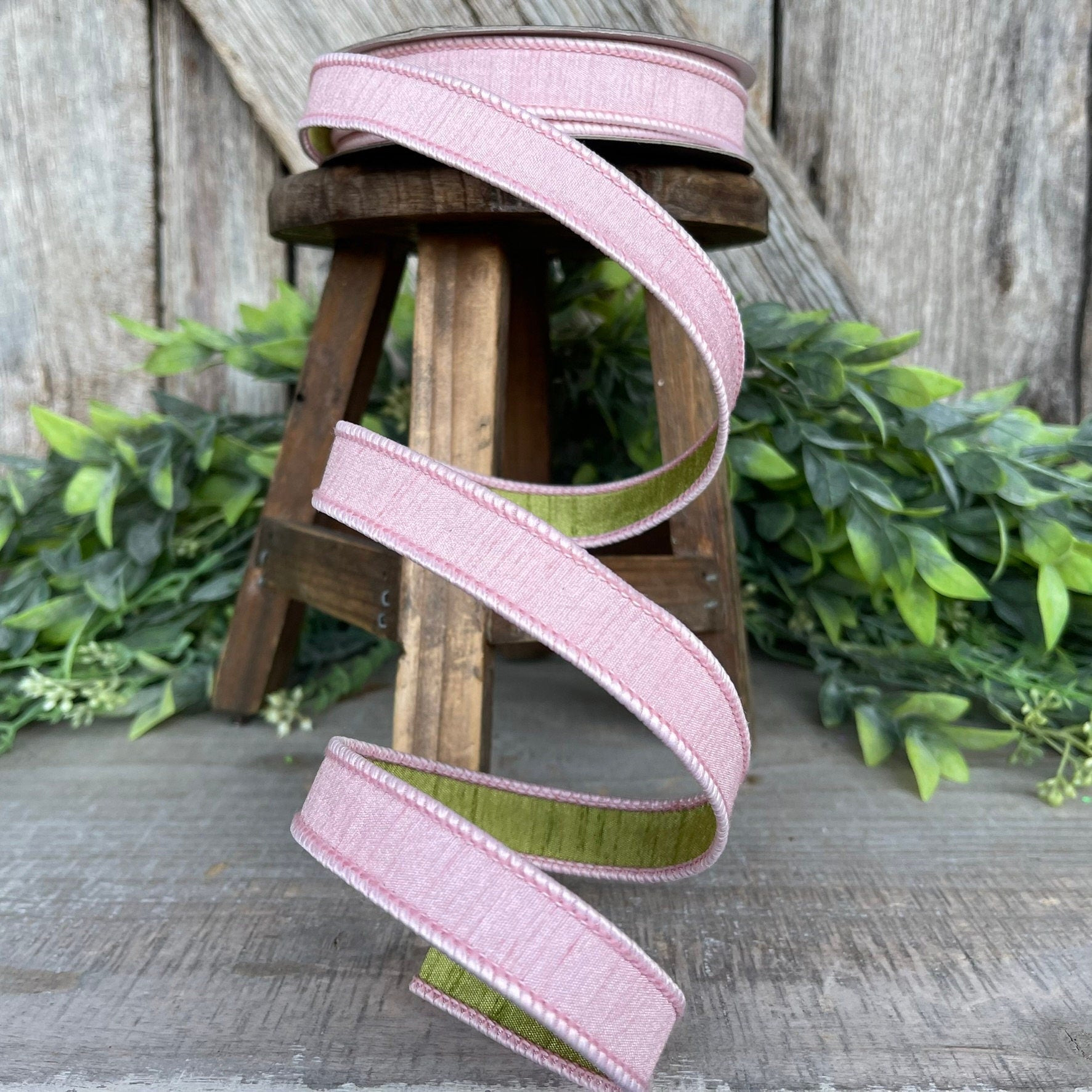 3/4" Rose Pink Spring Greenery Ribbon,Farrisilk Ribbon, Light Pink Green Ribbon, Spring Summer Ribbon Wired Ribbon