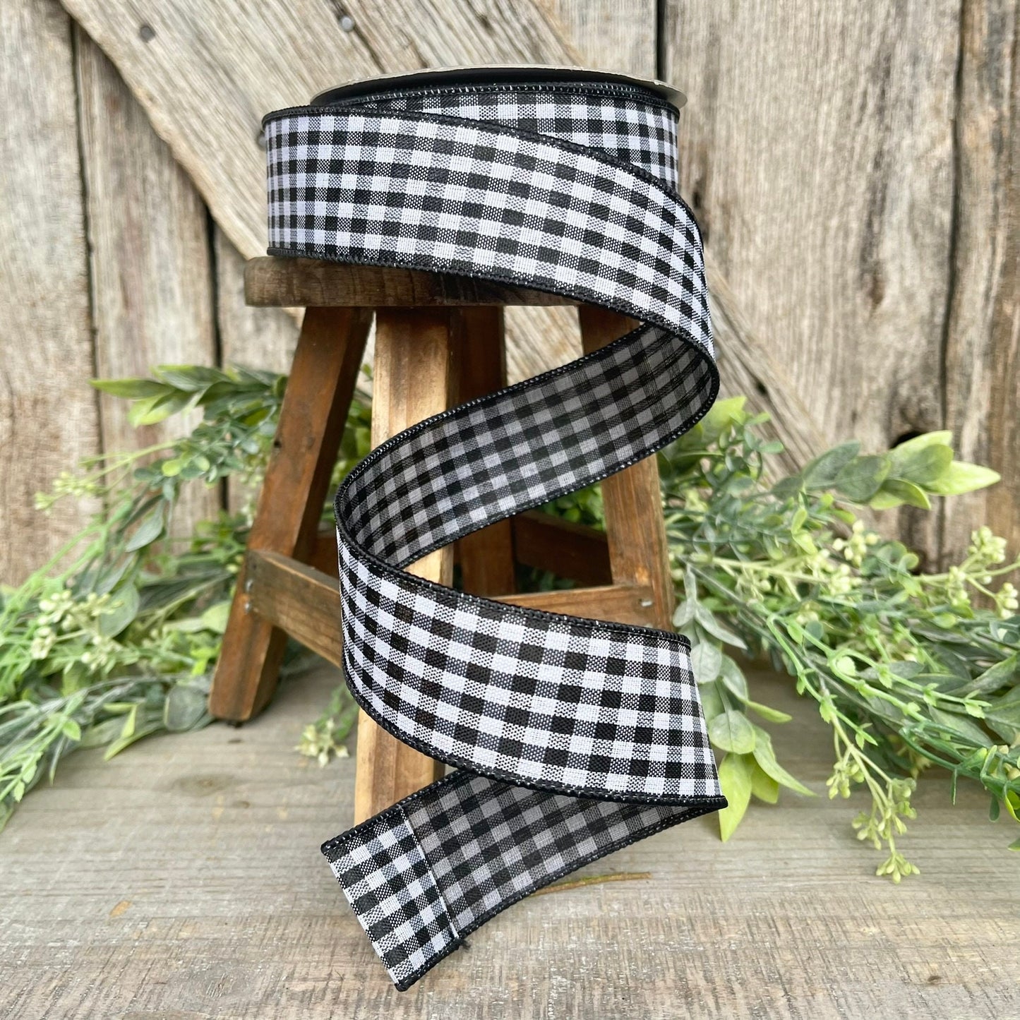 1.5" Black White Gingham Ribbon, Farrisilk Ribbon, Black Micro Checks Ribbon