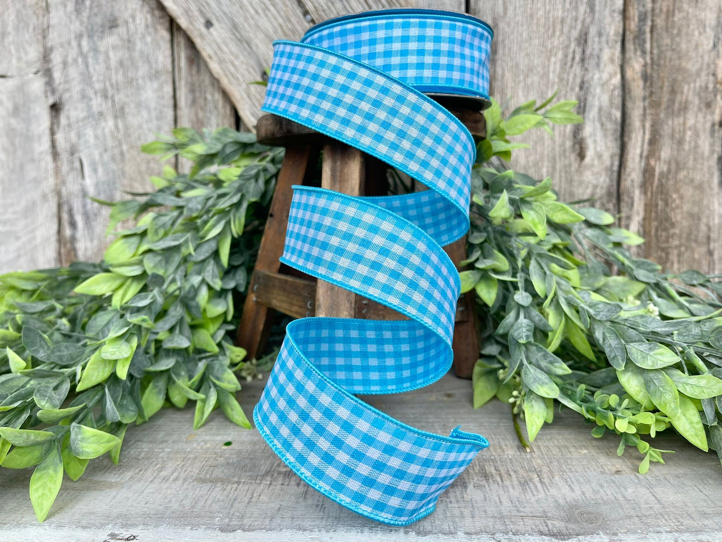 1.5" Turquoise Blue Gingham Ribbon, Farrisilk Ribbon, Turquoise Micro Checks Ribbon