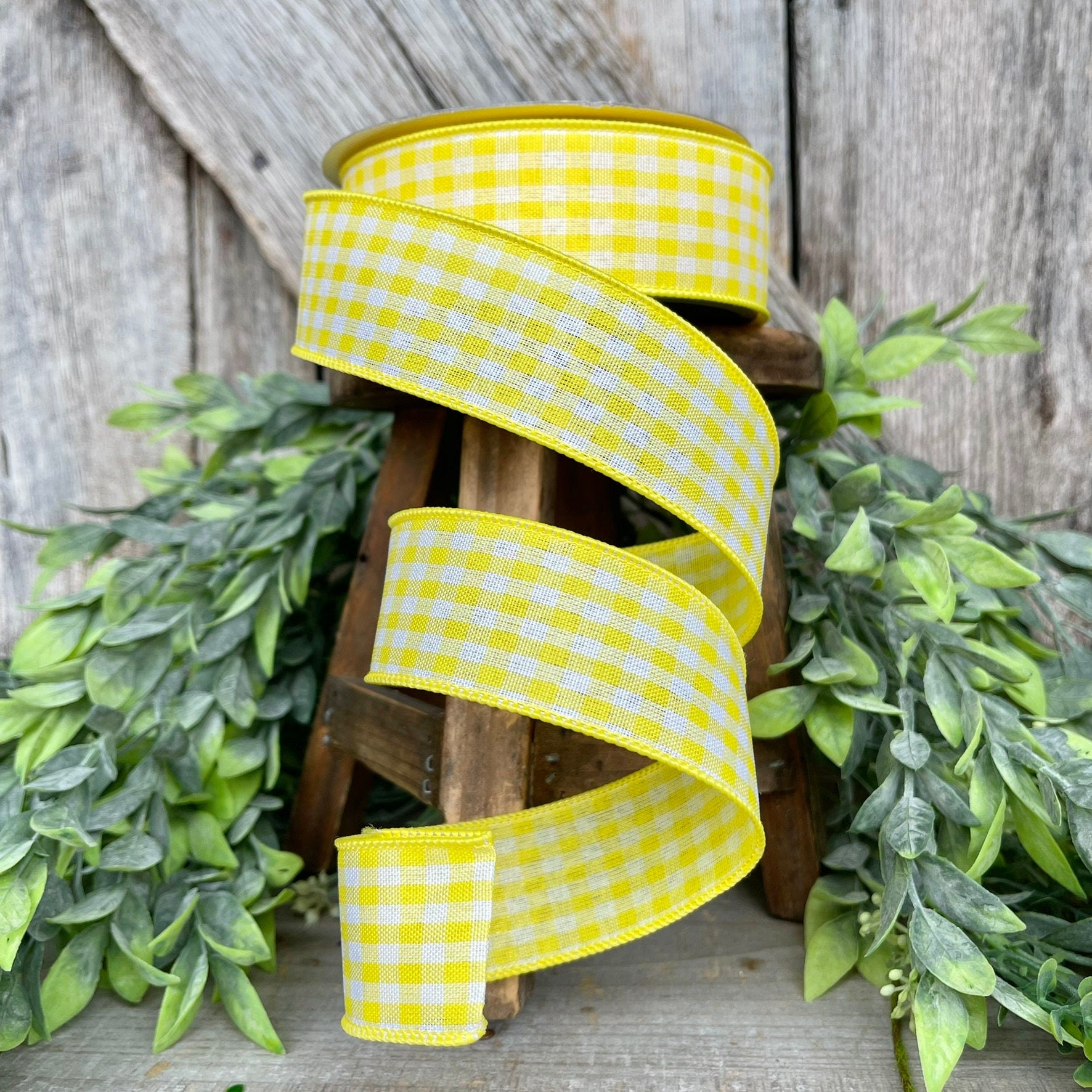 1.5" Yellow Gingham Ribbon, Farrisilk Ribbon, Yellow Micro Checks Ribbon