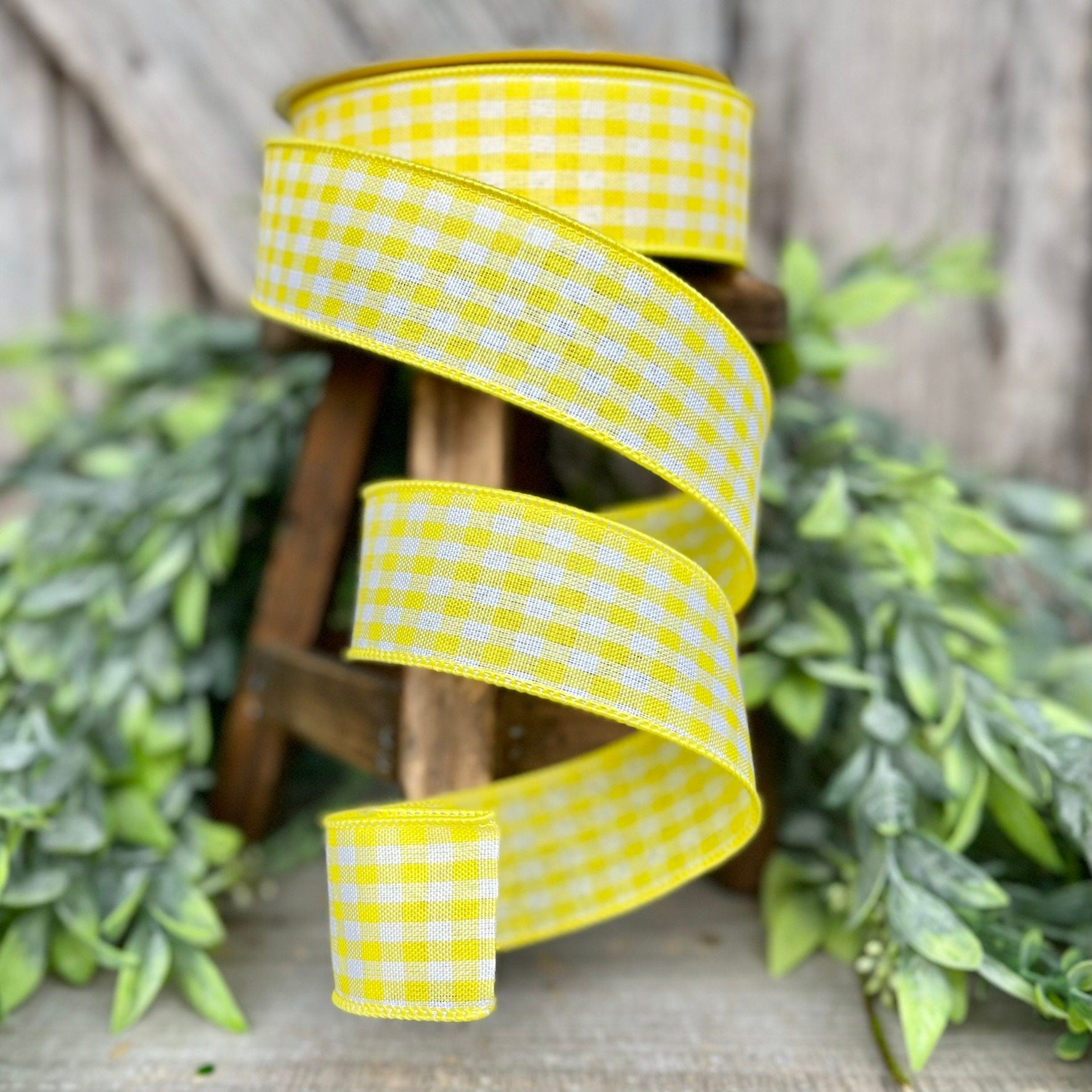 1.5" Yellow Gingham Ribbon, Farrisilk Ribbon, Yellow Micro Checks Ribbon