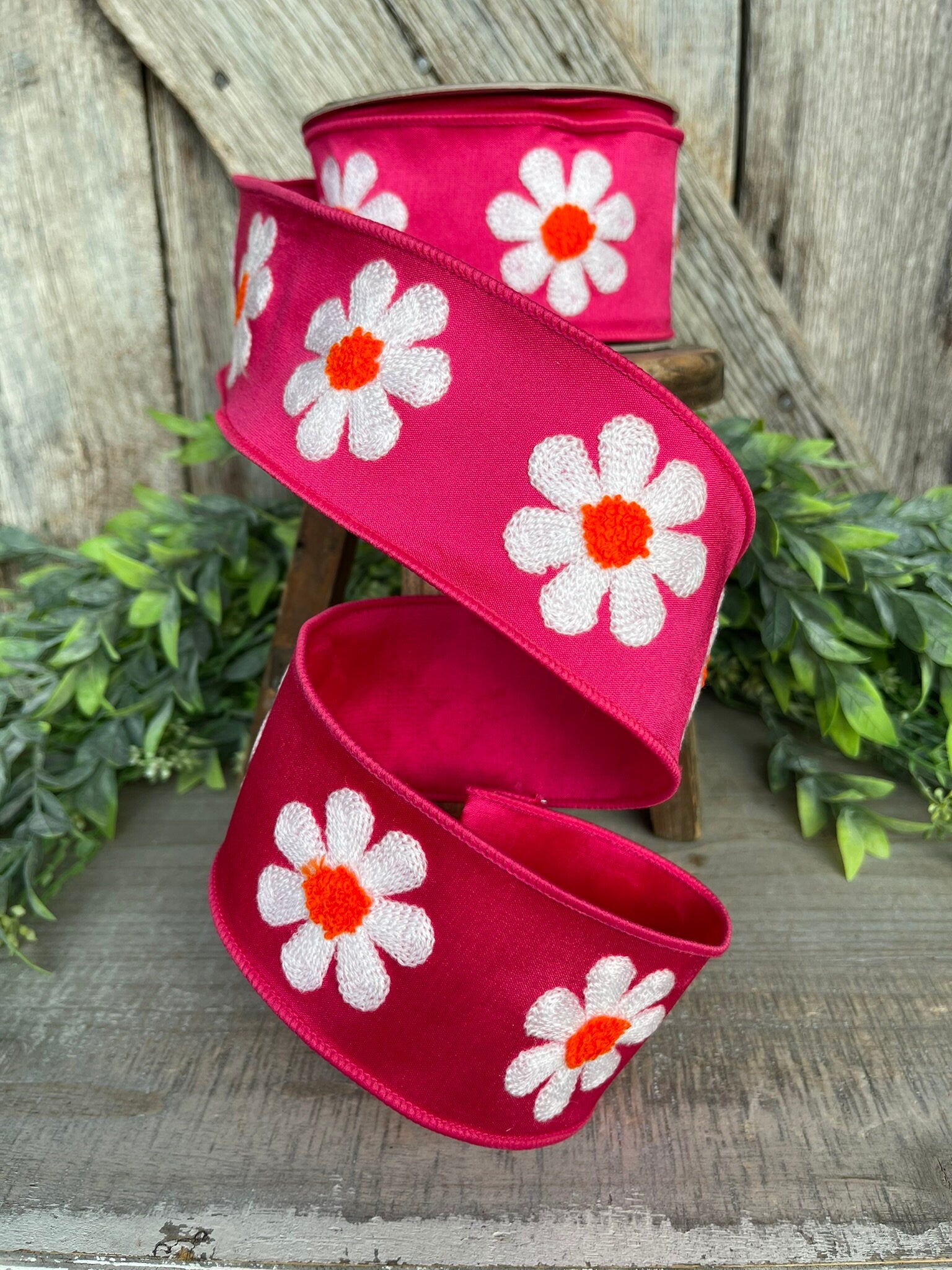 2.5" Hot Pink Daisy Ribbon, Farrisilk Ribbon, Spring Ribbon