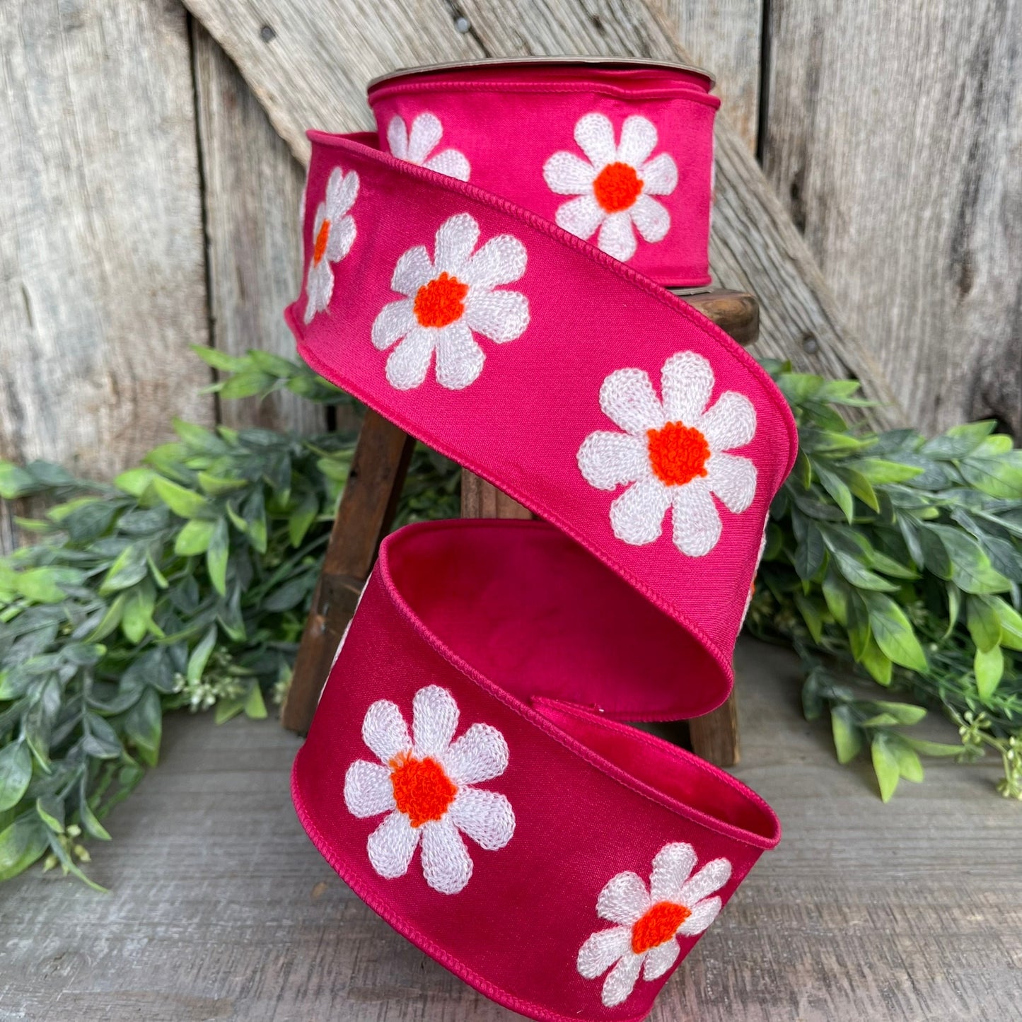 2.5" Hot Pink Daisy Ribbon, Farrisilk Ribbon, Spring Ribbon